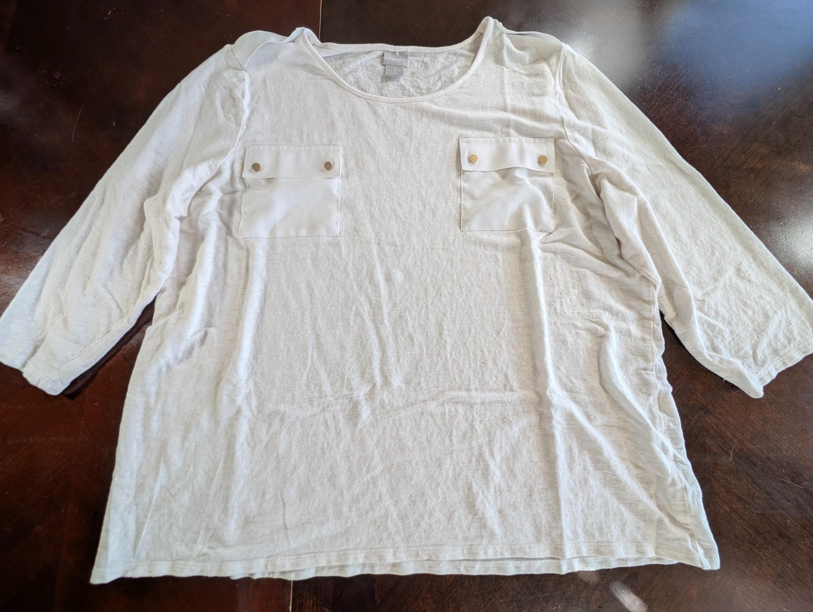 Chicos Size 3 XL Linen Top Off White Cream Gold Button Pocket Slub Knit Shirt
