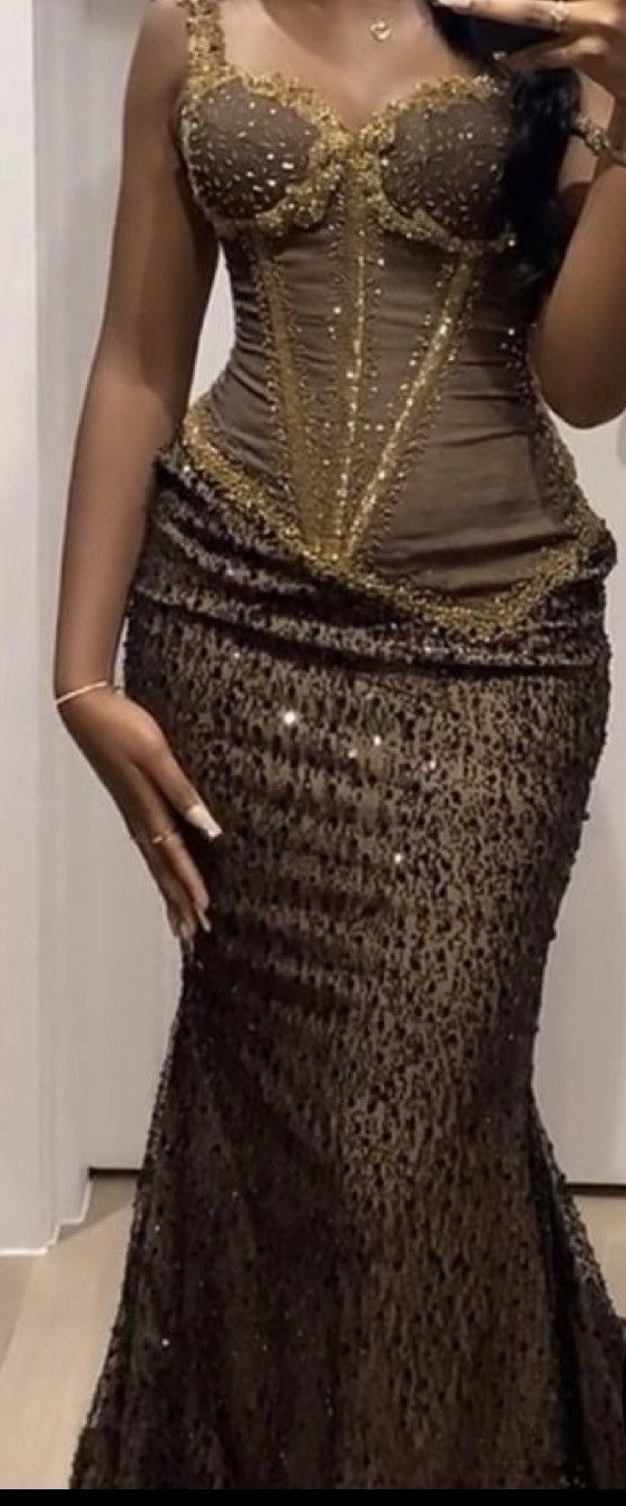 Women’s Brown/Gold Beaded Sequin Mesh Corset Sweetheart Long Gown Size S/M