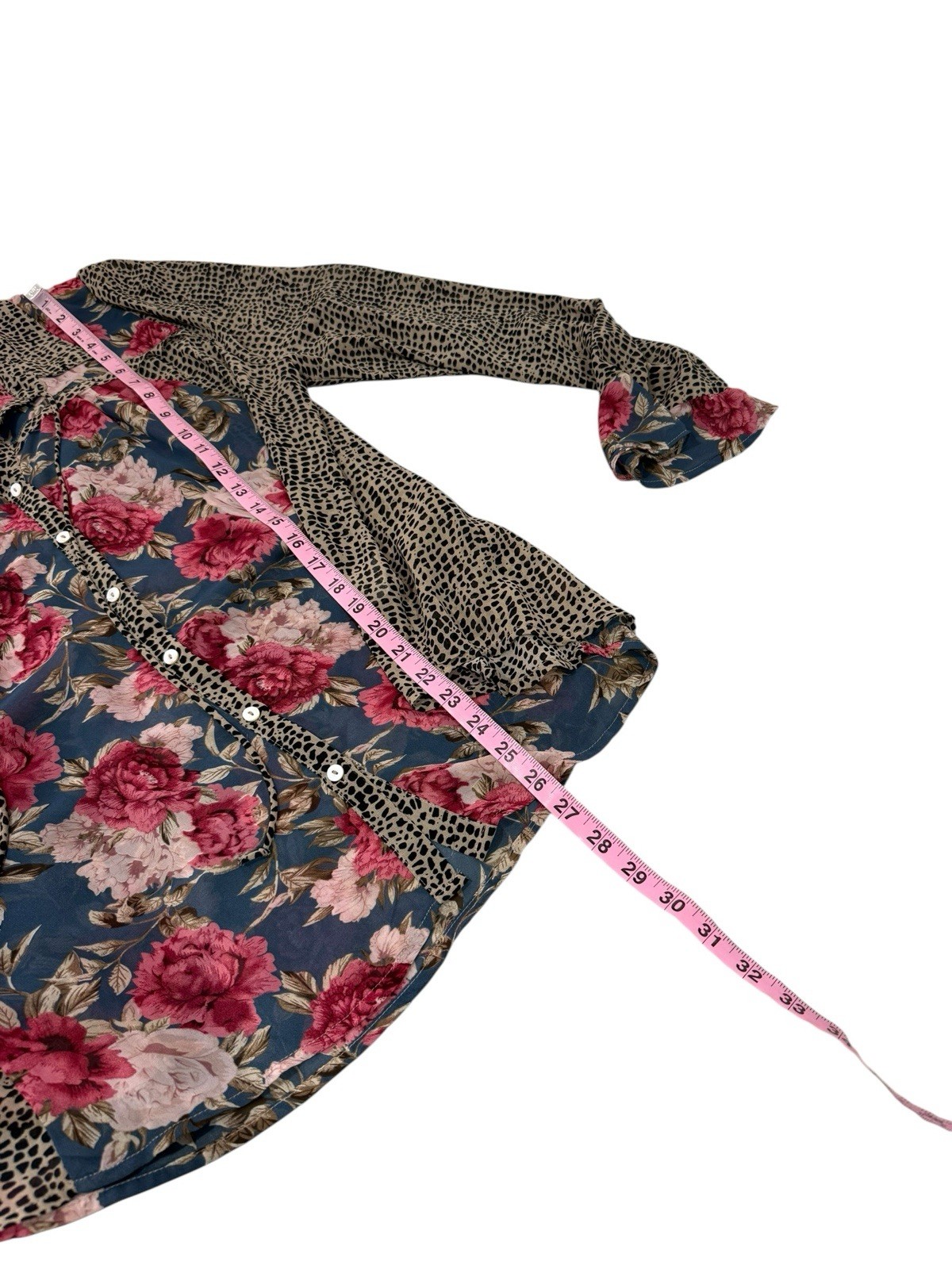 Umgee USA Floral Cheetah Chiffon Button Up Blouse Lightweight Womens XL