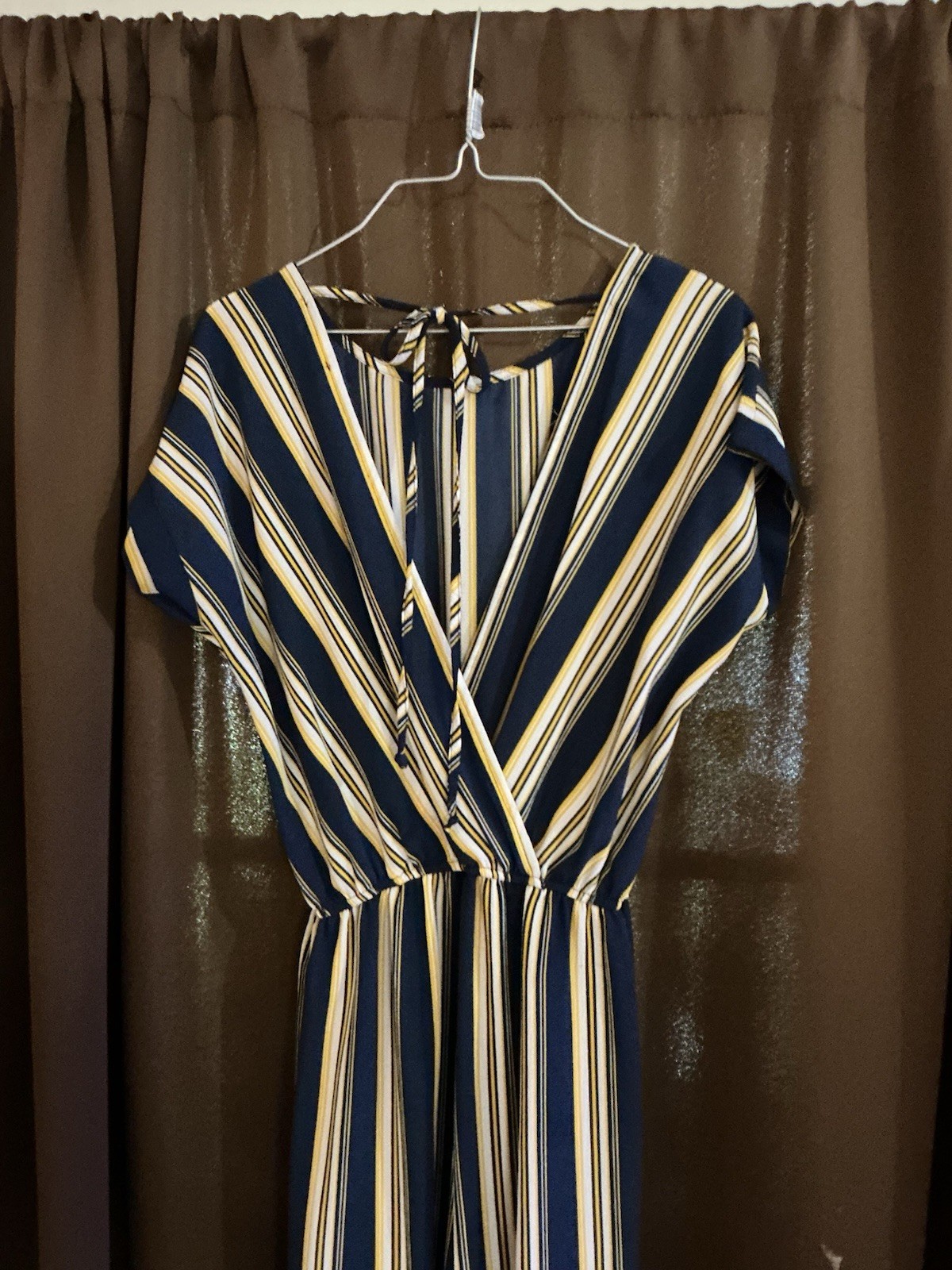 Ambiance Women’s Striped Jumpsuit Navy/White/Yellow V-Neck Short Sleeve M
