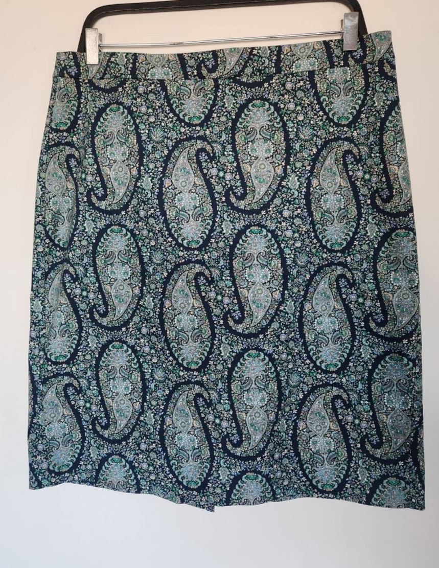 J Crew Pencil Skirt Paisley, Size 12, Cotton, Navy Teal Green +, Orig. ~$90!