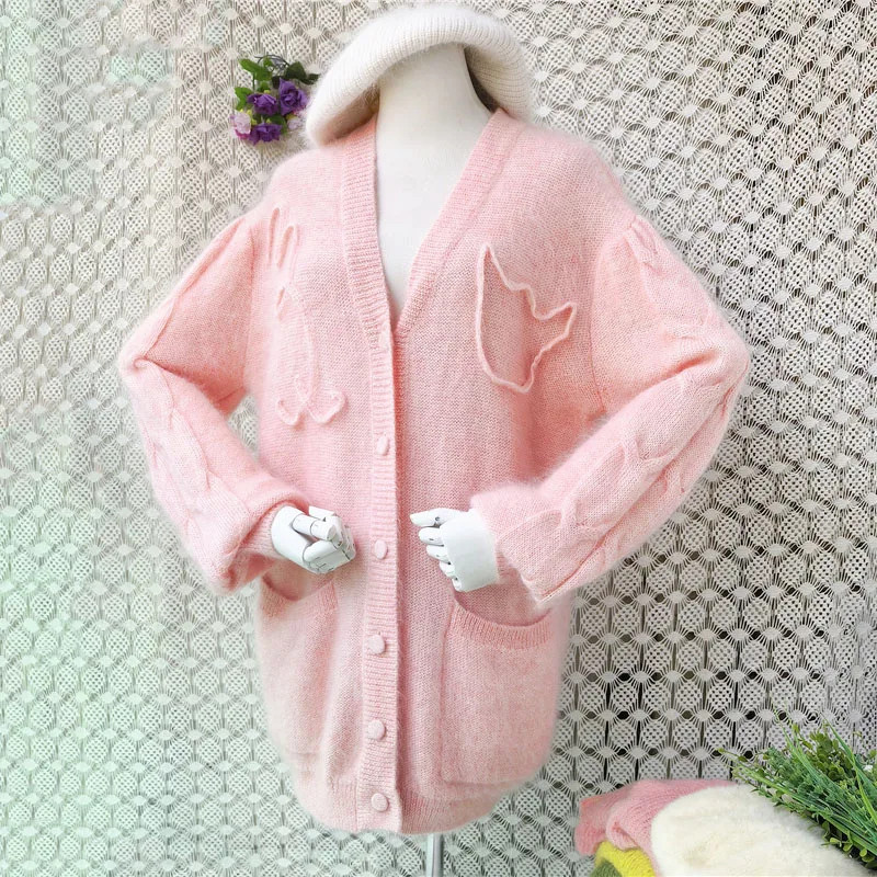 Women Pink Mohair Wool Cardigan V-Neck Crochet Flower Loose Sweater Jacket Coat