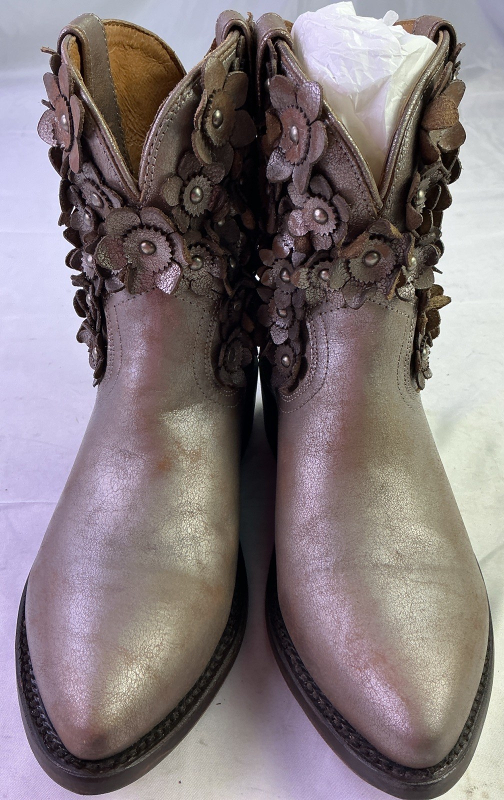 Frye Women’s Billy Flower Leather Booties-Metallic Stone/3D Flowers-Size: 8.5 B