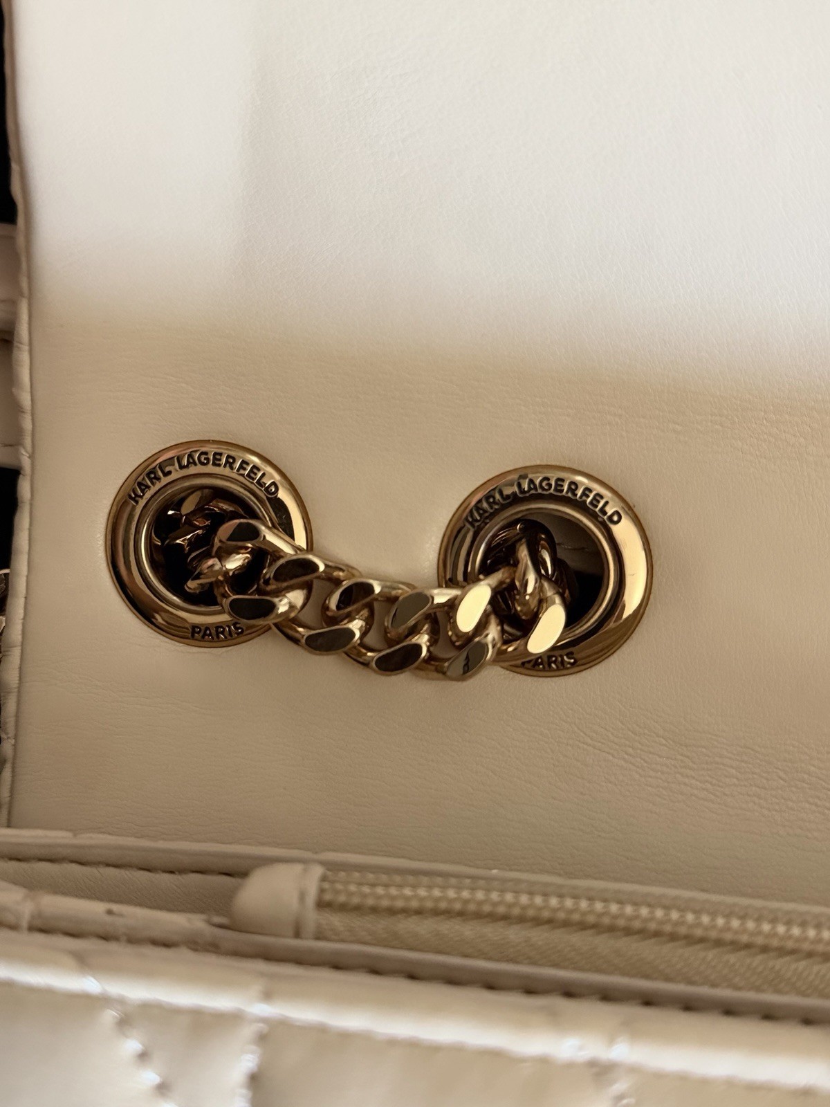 KARL LAGERFELD PARIS Cream Quilted Genuine Leather Shoulder Bag Gold Chain