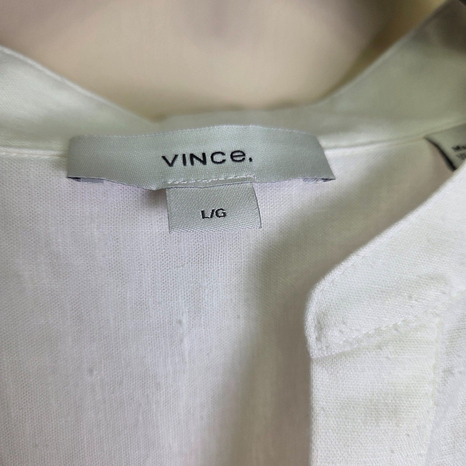 Vince White Linen Blend Popover Blouse Cap Sleeve Split Neck Top Large