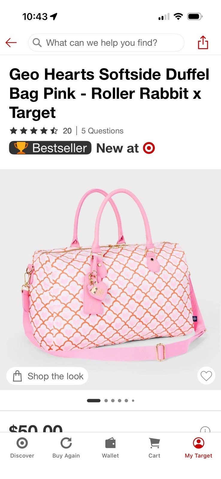 Roller Rabbit x Target Geo Hearts Softside Double Strap Duffel Bag Pink NWT