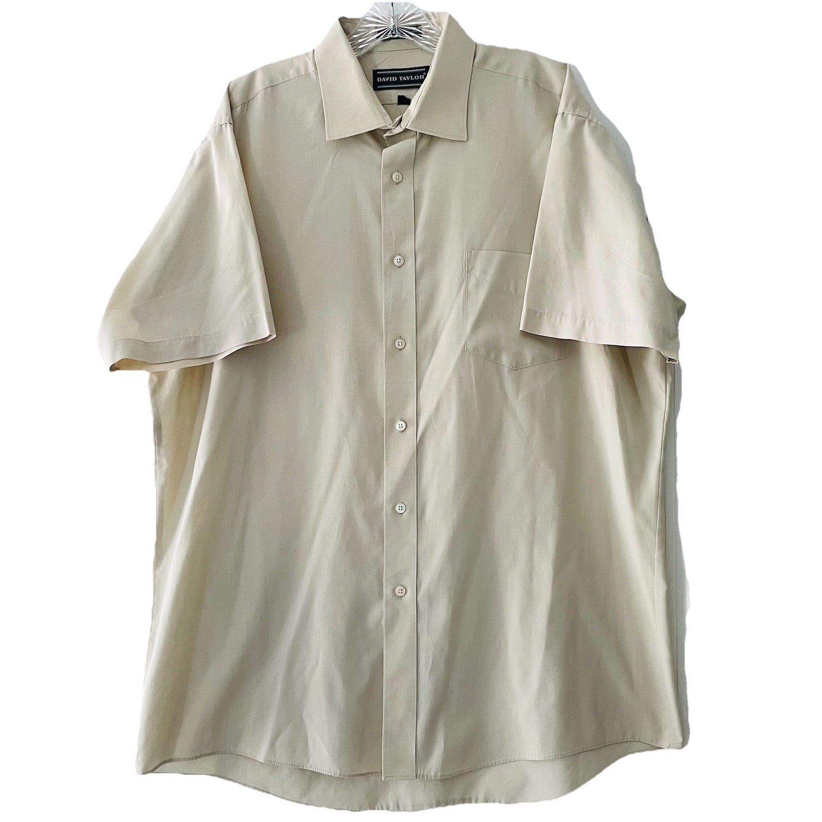 David Taylor Mens Size 17.5 XL Beige Short Sleeve Shirt Single Needle Tailoring