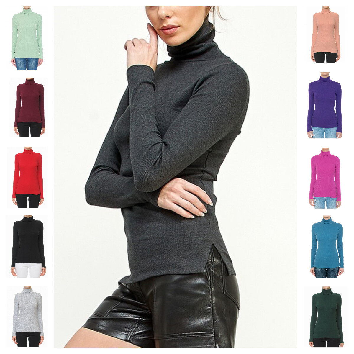 New Turtle Neck Long Sleeve Soft Cotton RIBBED STRETCH T SHIRT Top Reg Plus S-3X
