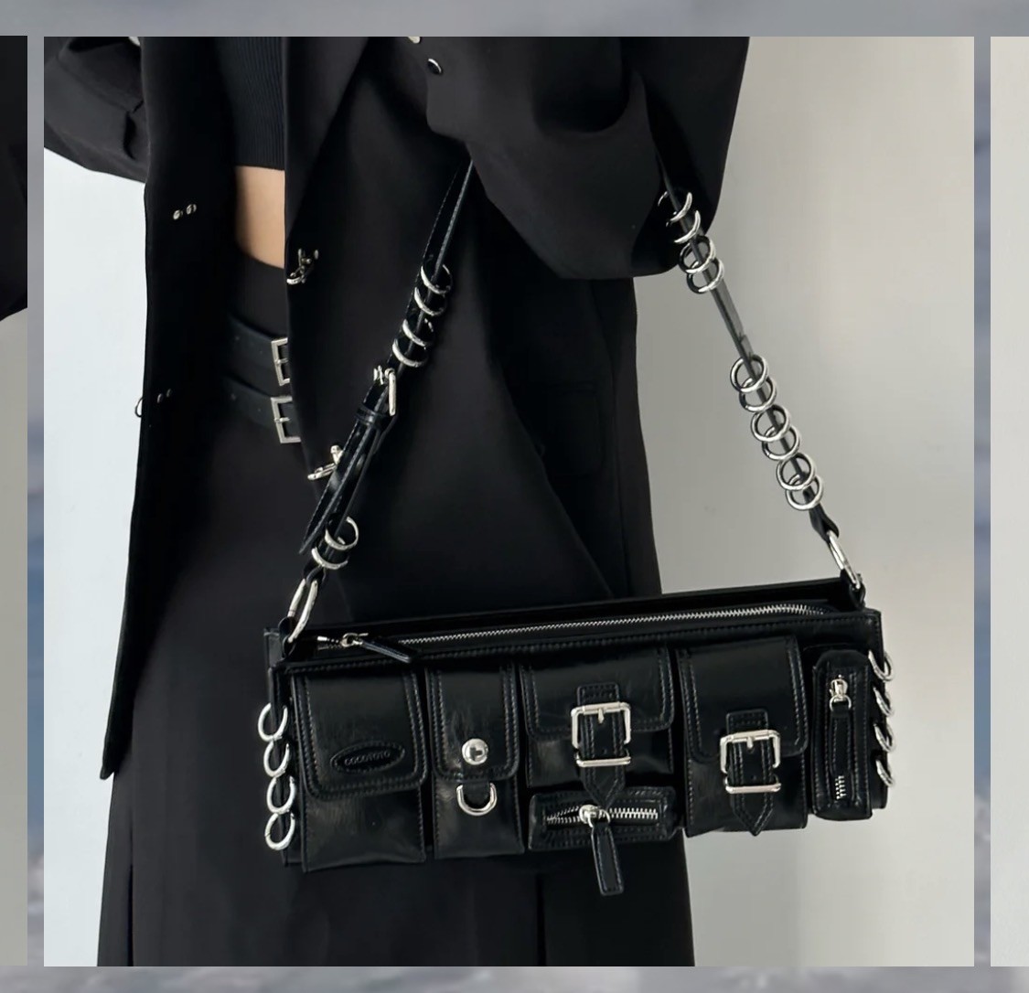Women’s Black Shoulder Bag Silver Hardware Buckle Accent Zipper Adjustable Strap