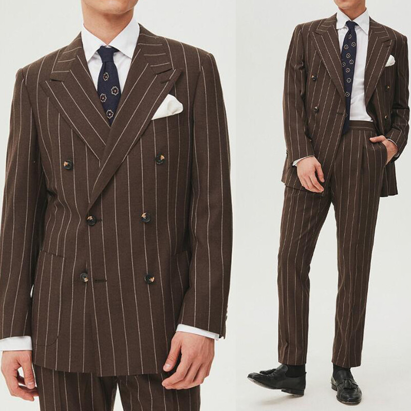 Men Brown Pinstripe Suits Double Breasted Jacket Pant Peak Lapel Business Office