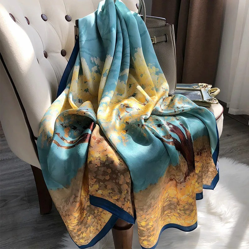 180X80Cm Large Print Silk Scarf Women Luxury Satin Shawl Wrap Hijab Bandana Beac