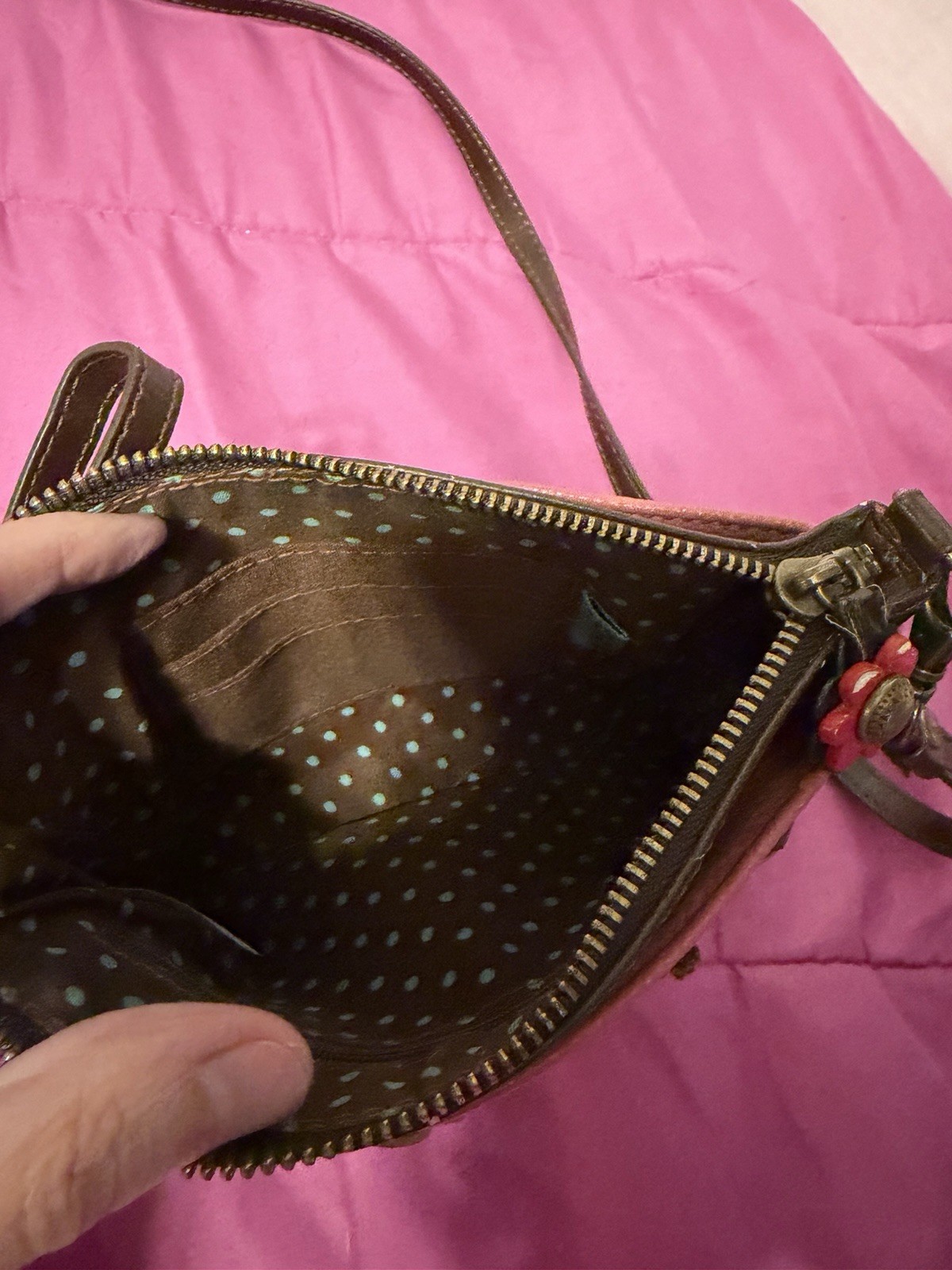 Chala Pink Butterfly Flower Accent Crossbody Bag Brown Strap Bronze Zipper Purse