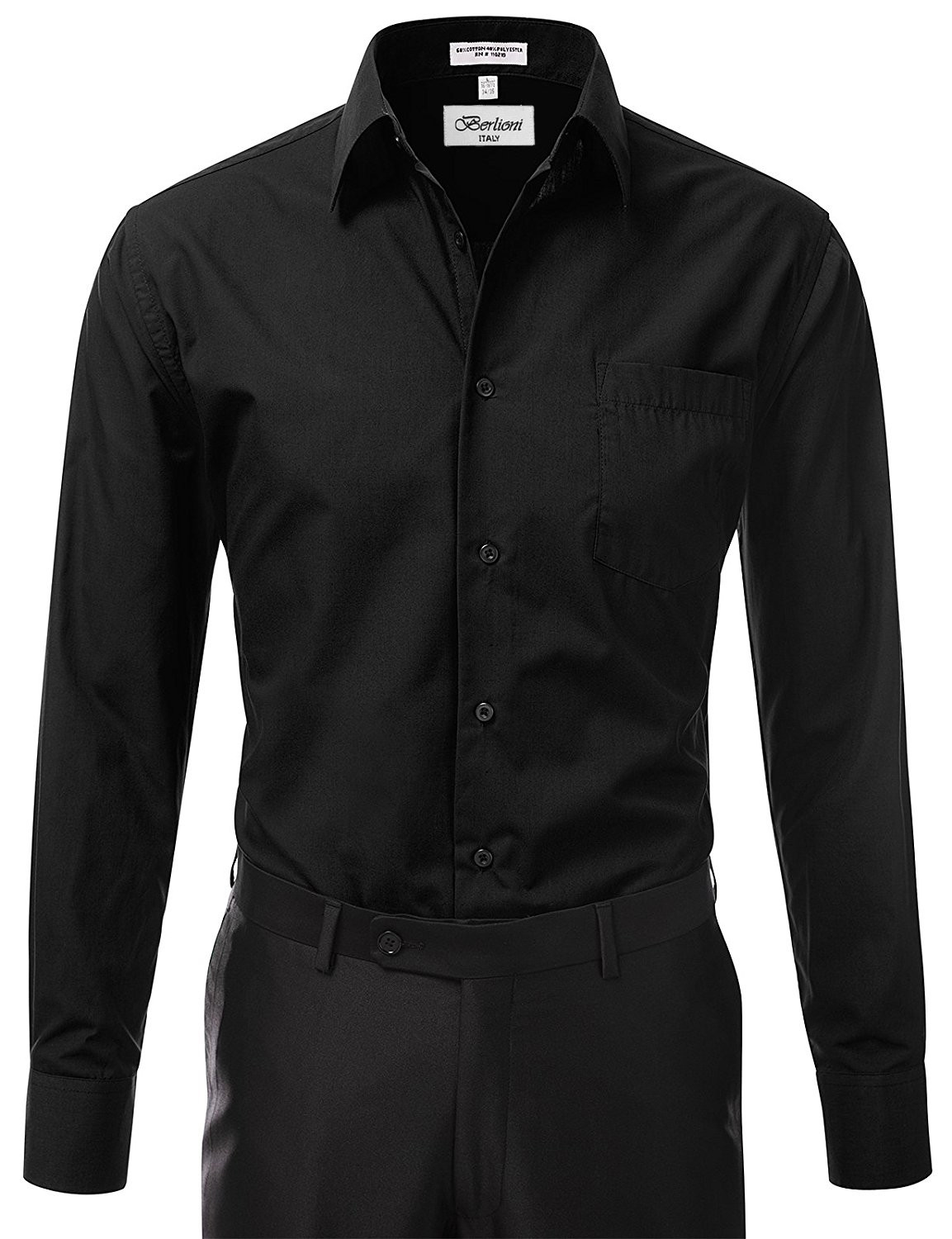 Berlioni Italy Men’s Premium French Convertible Cuff Solid Dress Shirt Black