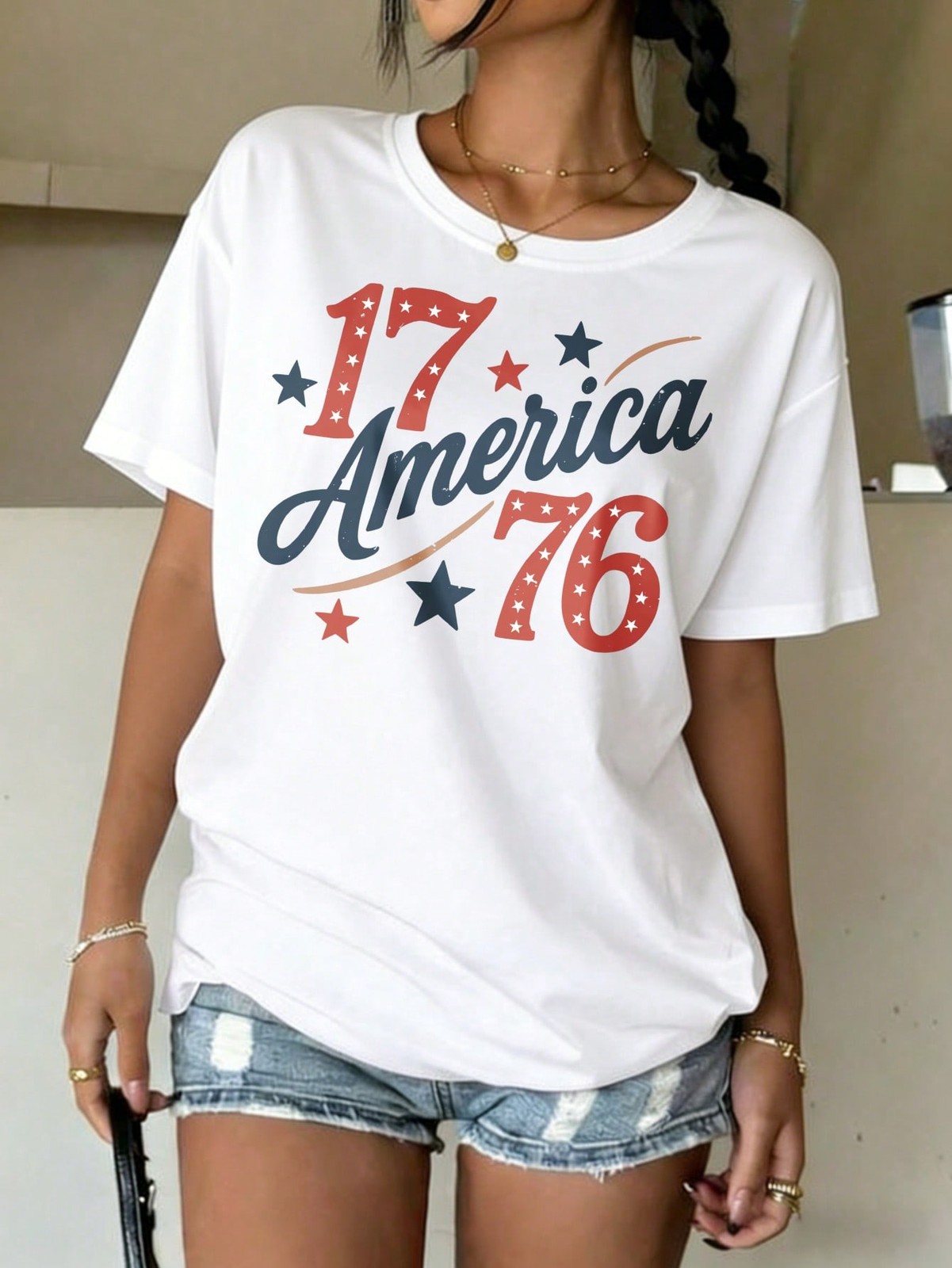 America 1776 Stars Women’s T-Shirt, Graphic Tees Print Casual Vacation Style