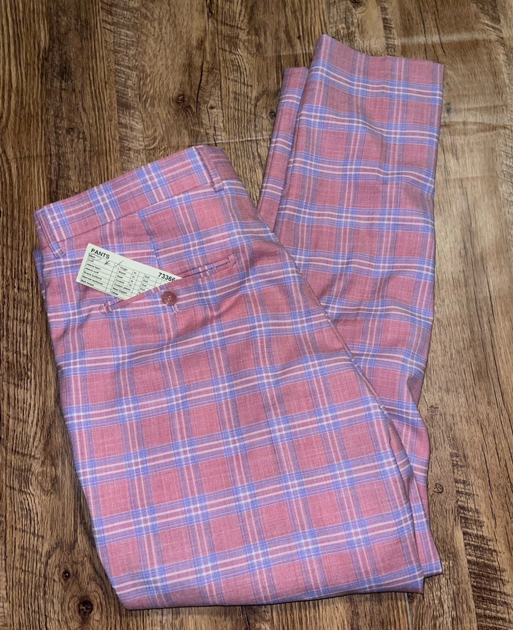 Men’s Lineage Pink Blue Plaid Polyester Blend Blazer Suit Sz 42S Pants 35×29