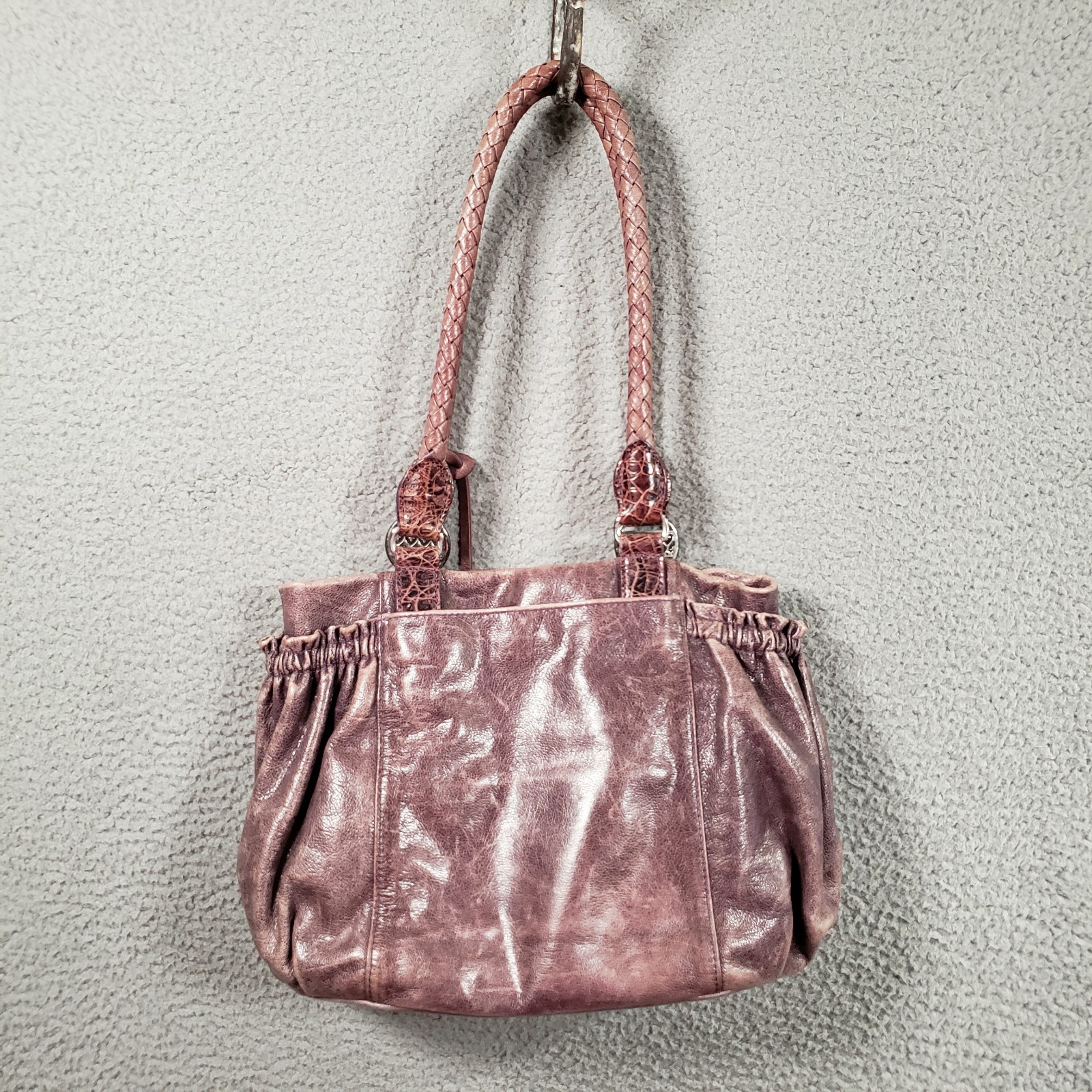 Brighton Purple Distressed Leather Shoulder Bag Pleat Elastic Pockets Heart Rare