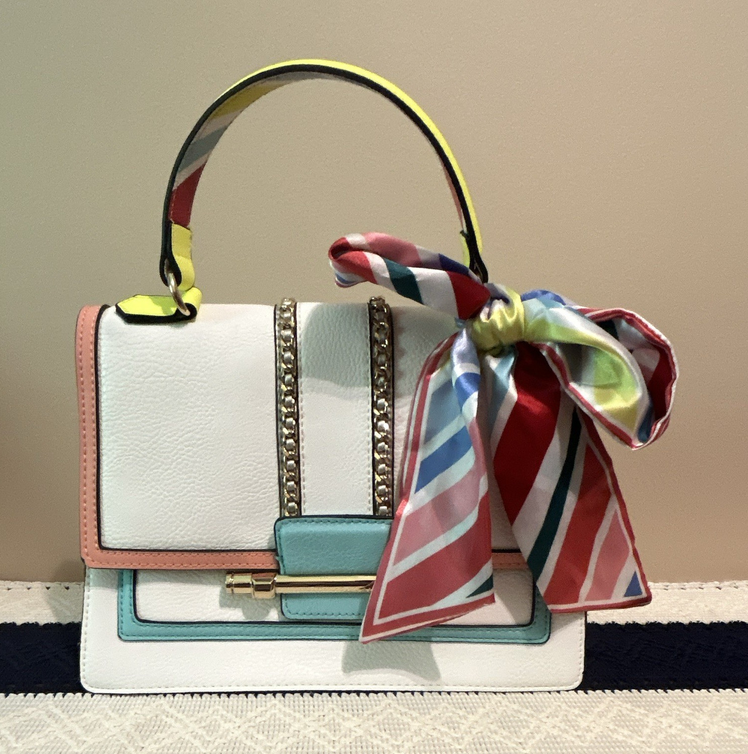 ALDO White Pink Blue Colorblock Satchel Top Handle Bow Charm, Small