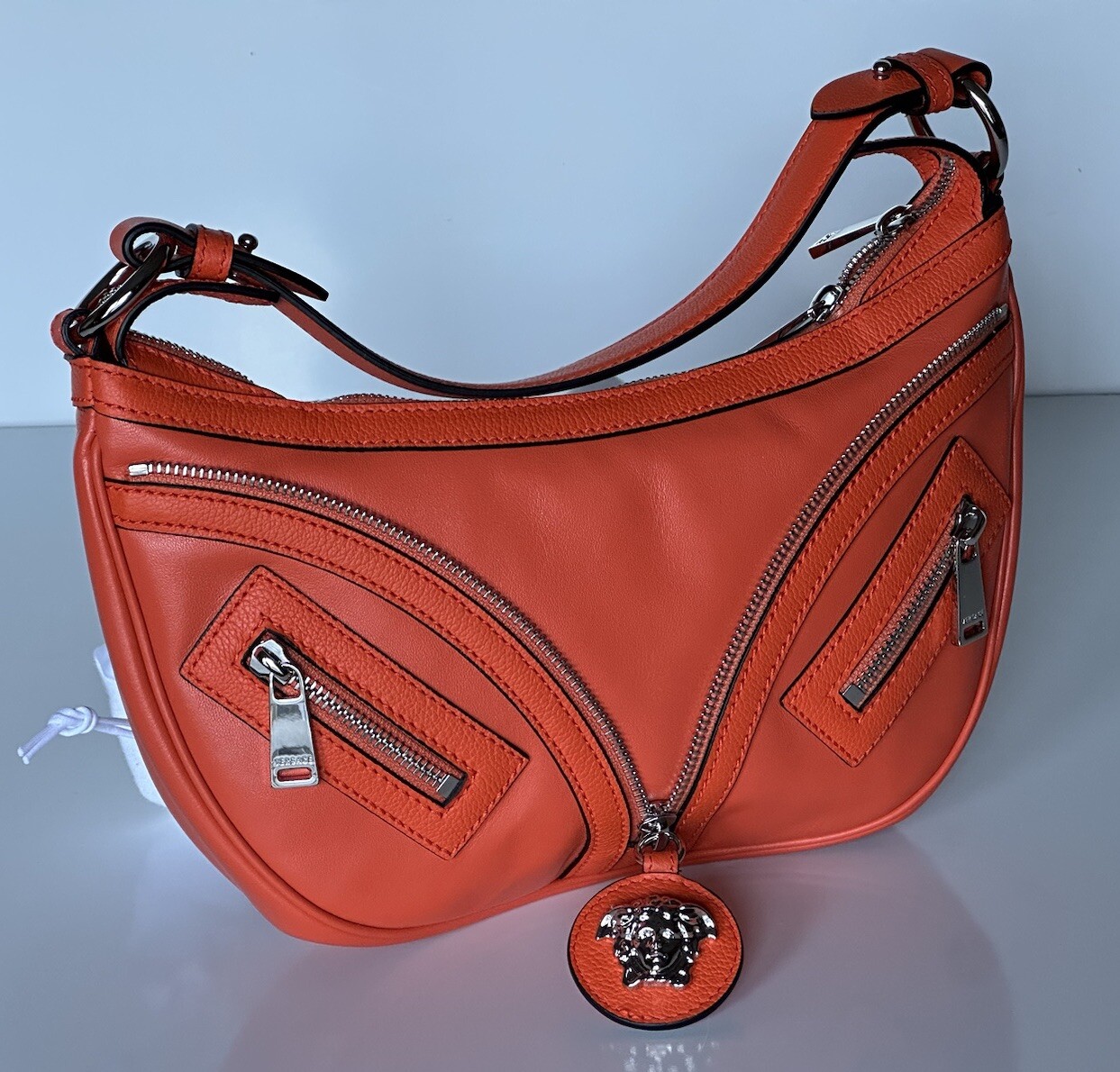 NWT $1925 Versace Silver Medusa Head Calf Leather Small Orange Hobo Bag 1007680