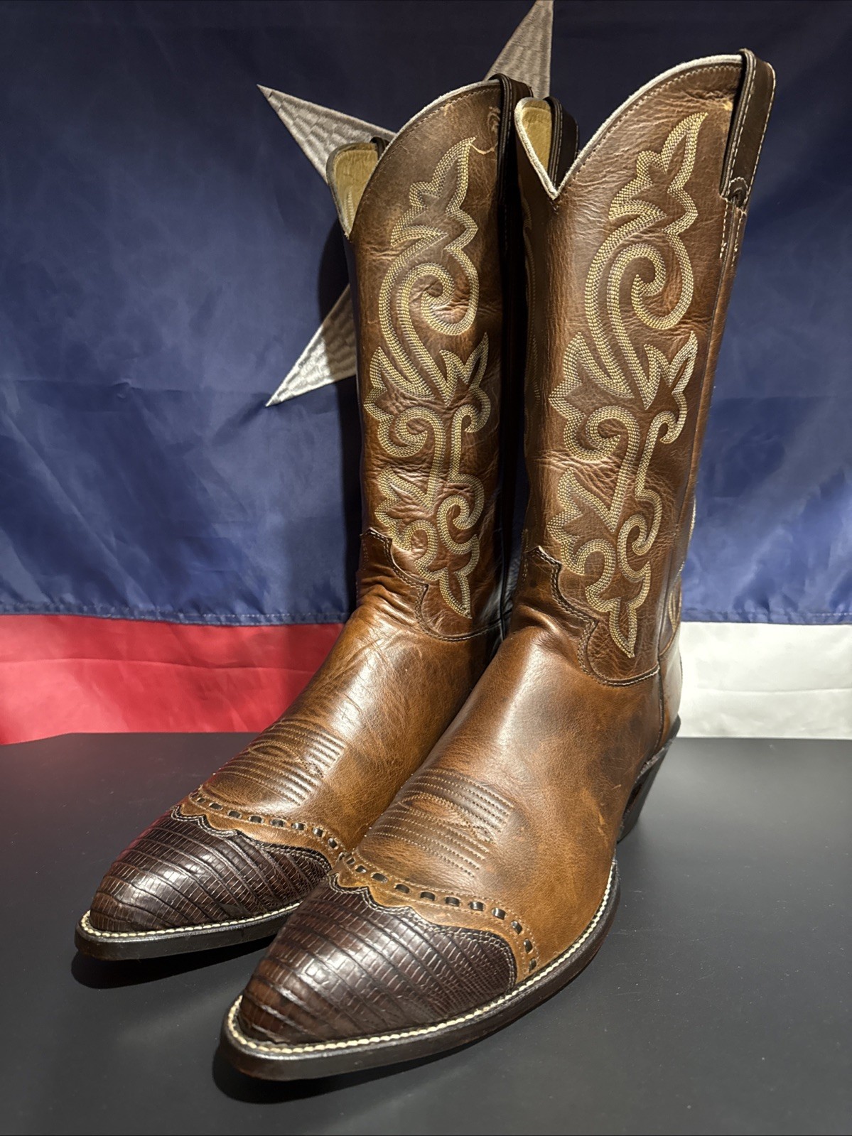Justin Wing-Tip Western Cowboy Boots Lizard & Cowhide men’s Sz 11.5-B