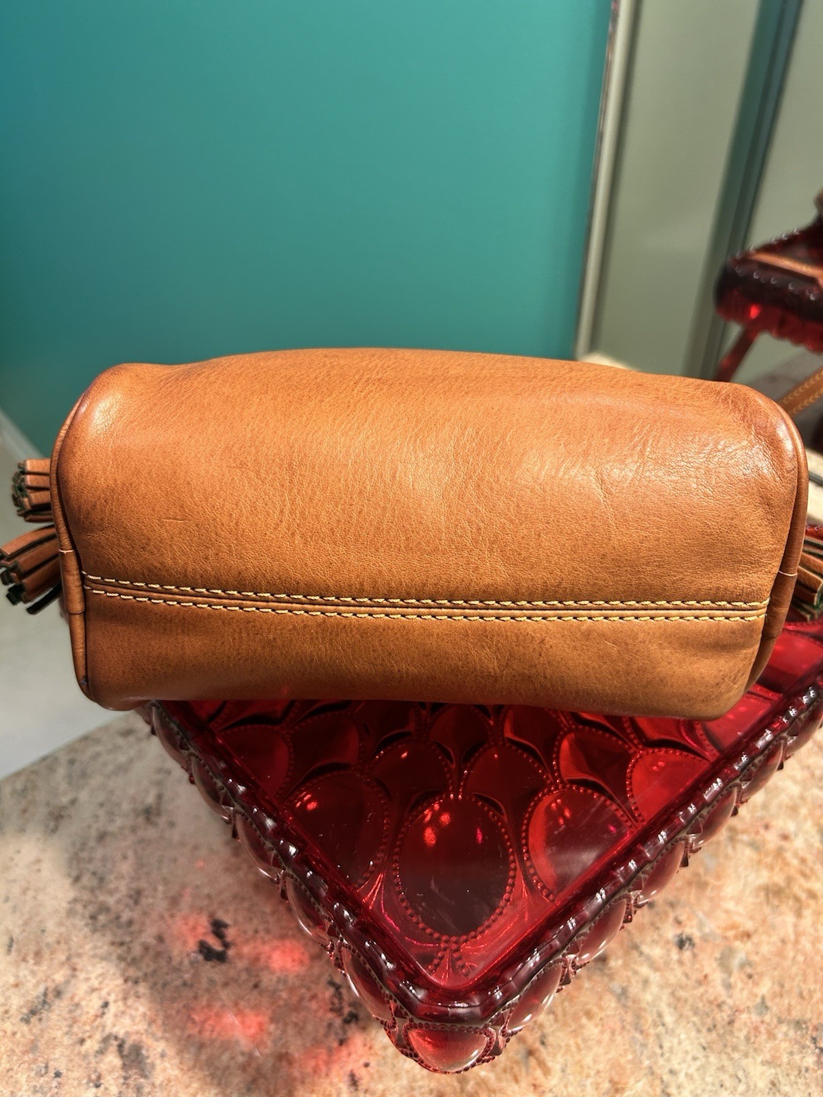 Dooney & Bourke Small Brown Satchel Top Handle Zip Tassel Strap Gold Red