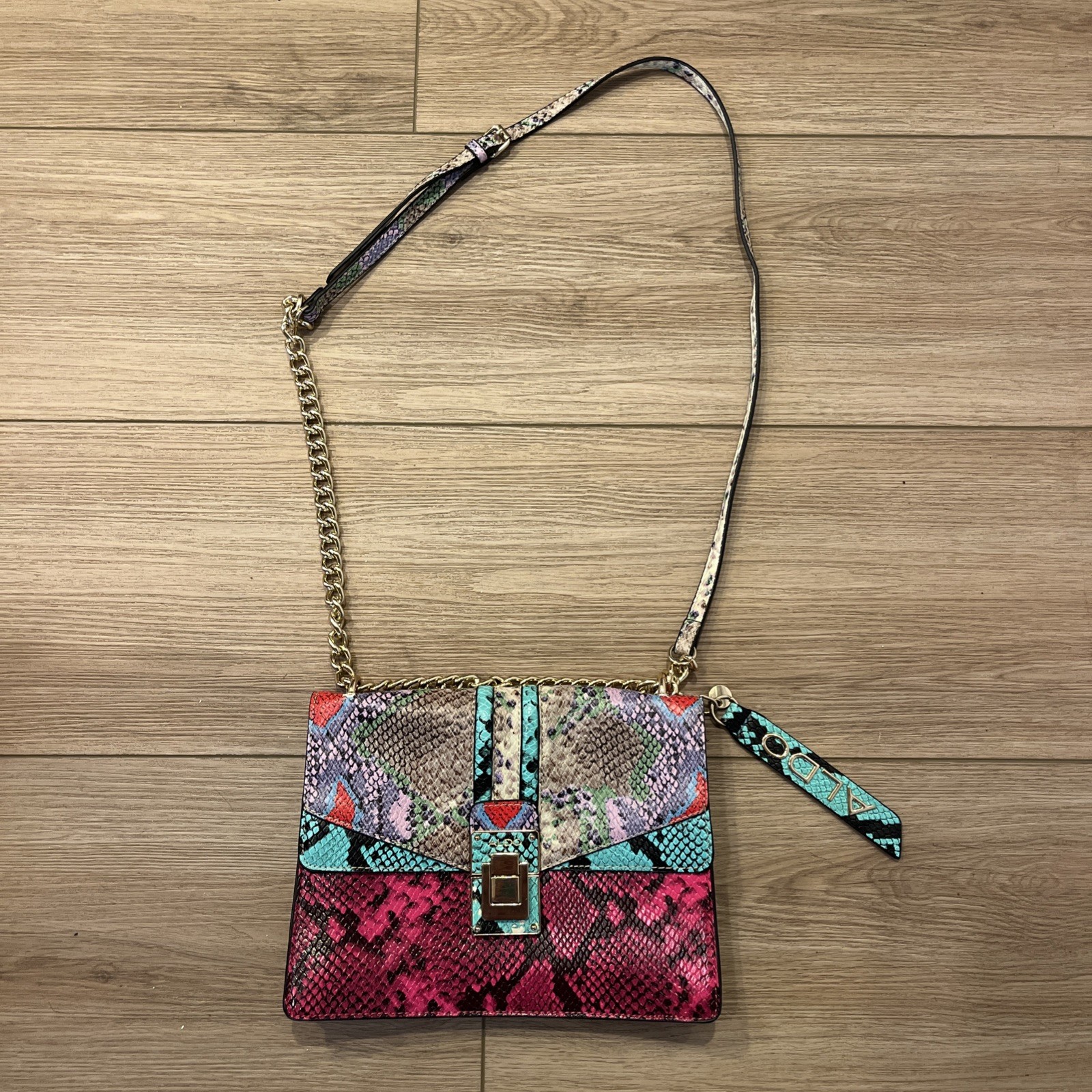 ALDO Multicolor Snake Print Chain Strap Shoulder Bag Gold Hardware Buckle Accent