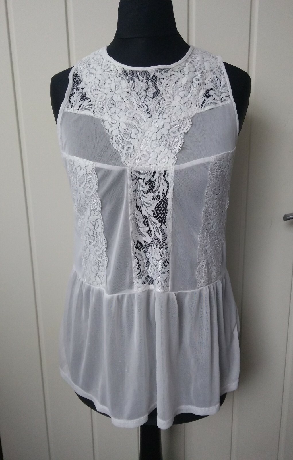 Primark Sleeveless Sheer Floaty Lacey Top Size 6 White Small Festival Rave Beach