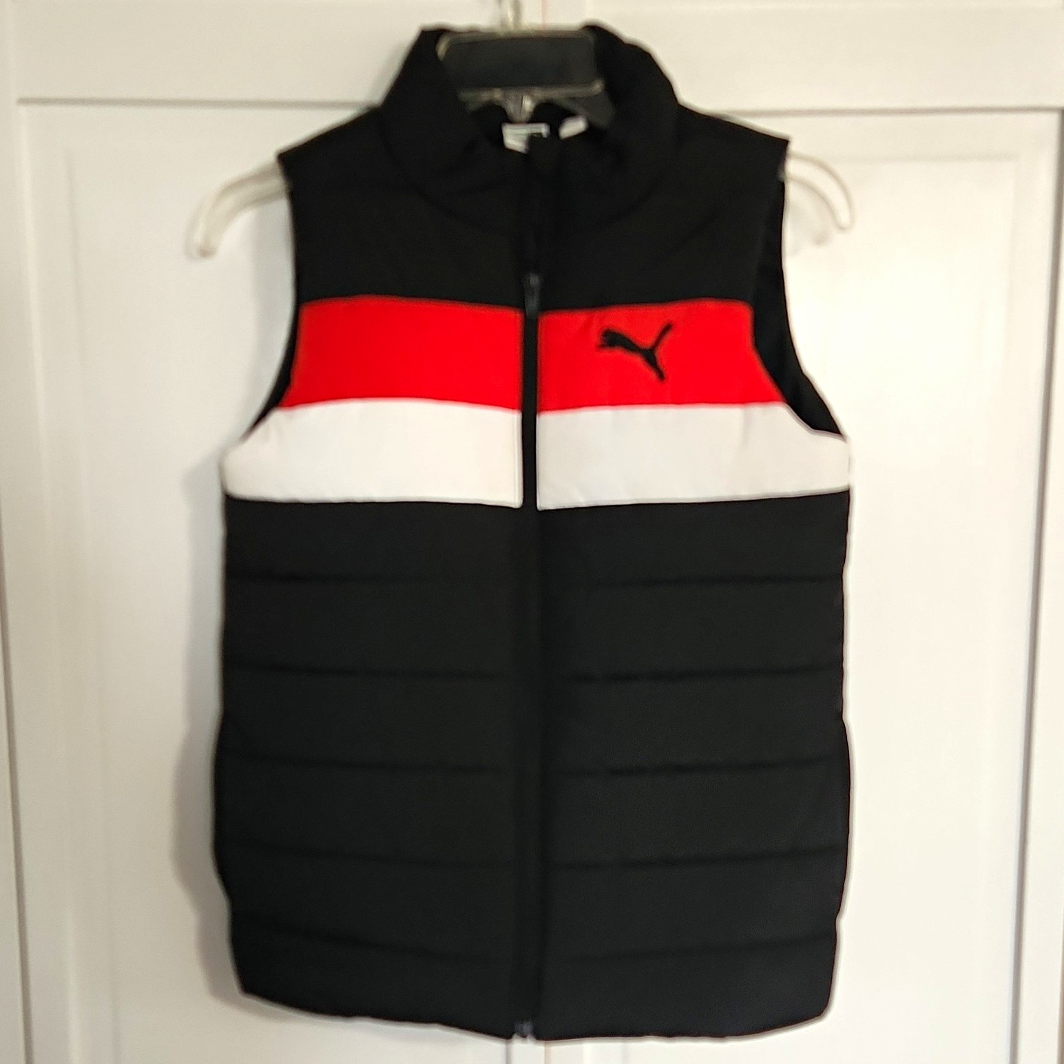 PUMA Colorblock Puffer Vest YOUTH 10/12 M Full Zip Black Red White MPN 1333175