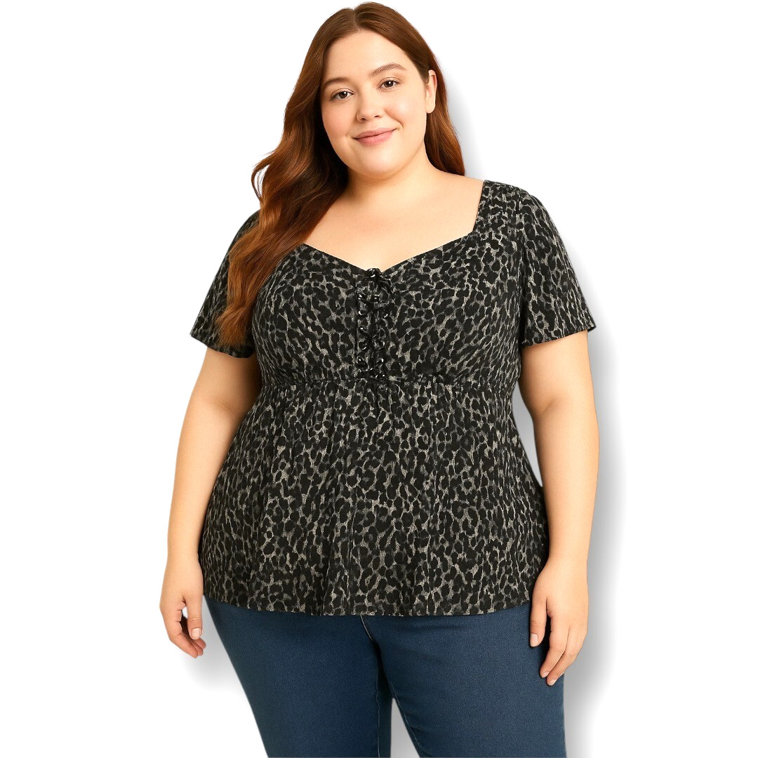New Torrid 0X Black Leopard Cheetah Animal Print Lace-Up Blouse Feminine Work