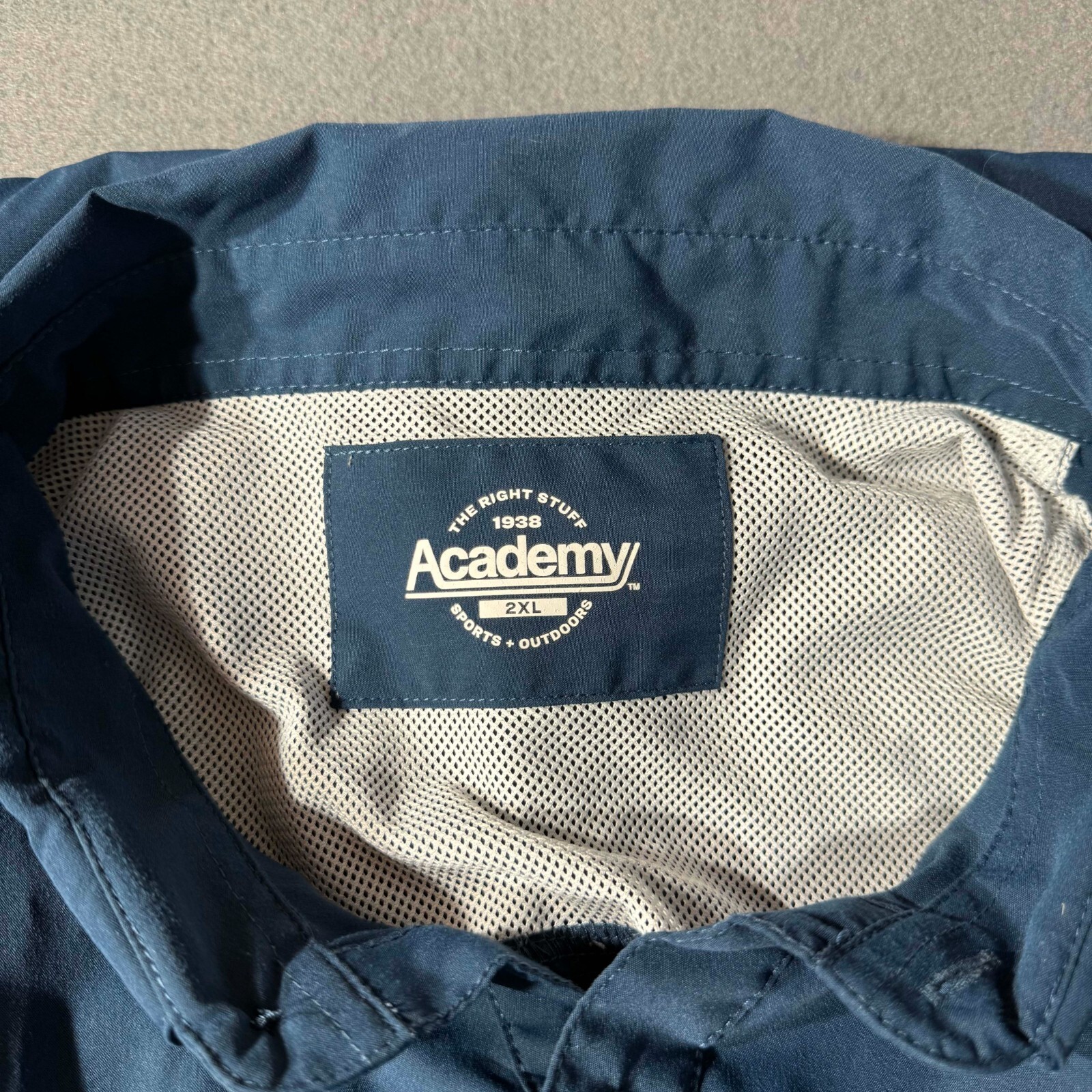 Academy Sports Shirt “The Right Stuff” Vintage Logo Fishing Camping 2XL Blue