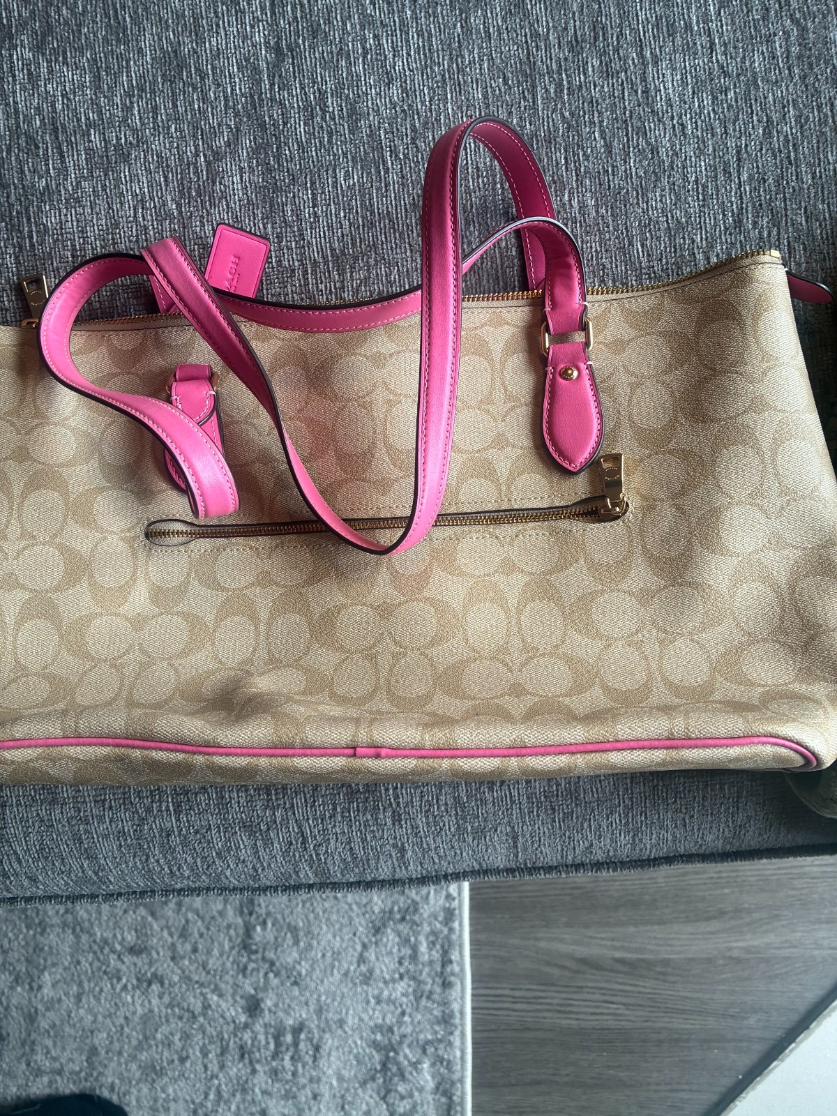 “COACH Signature Canvas Zip Top Tote Bag Khaki Beige Pink Petunia Leather Trim”
