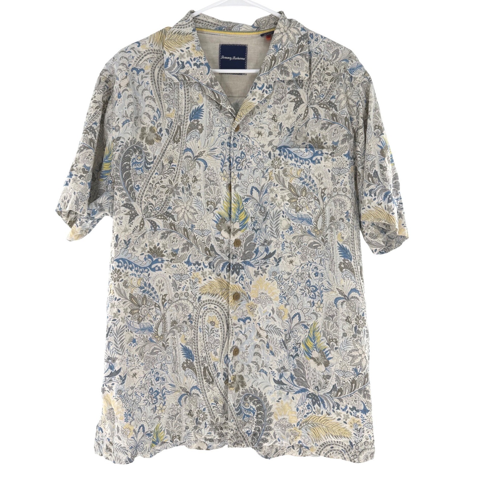 Tommy Bahama Mens 100% Silk Paisley Floral Camp Shirt Blue Tan L 161-T313615