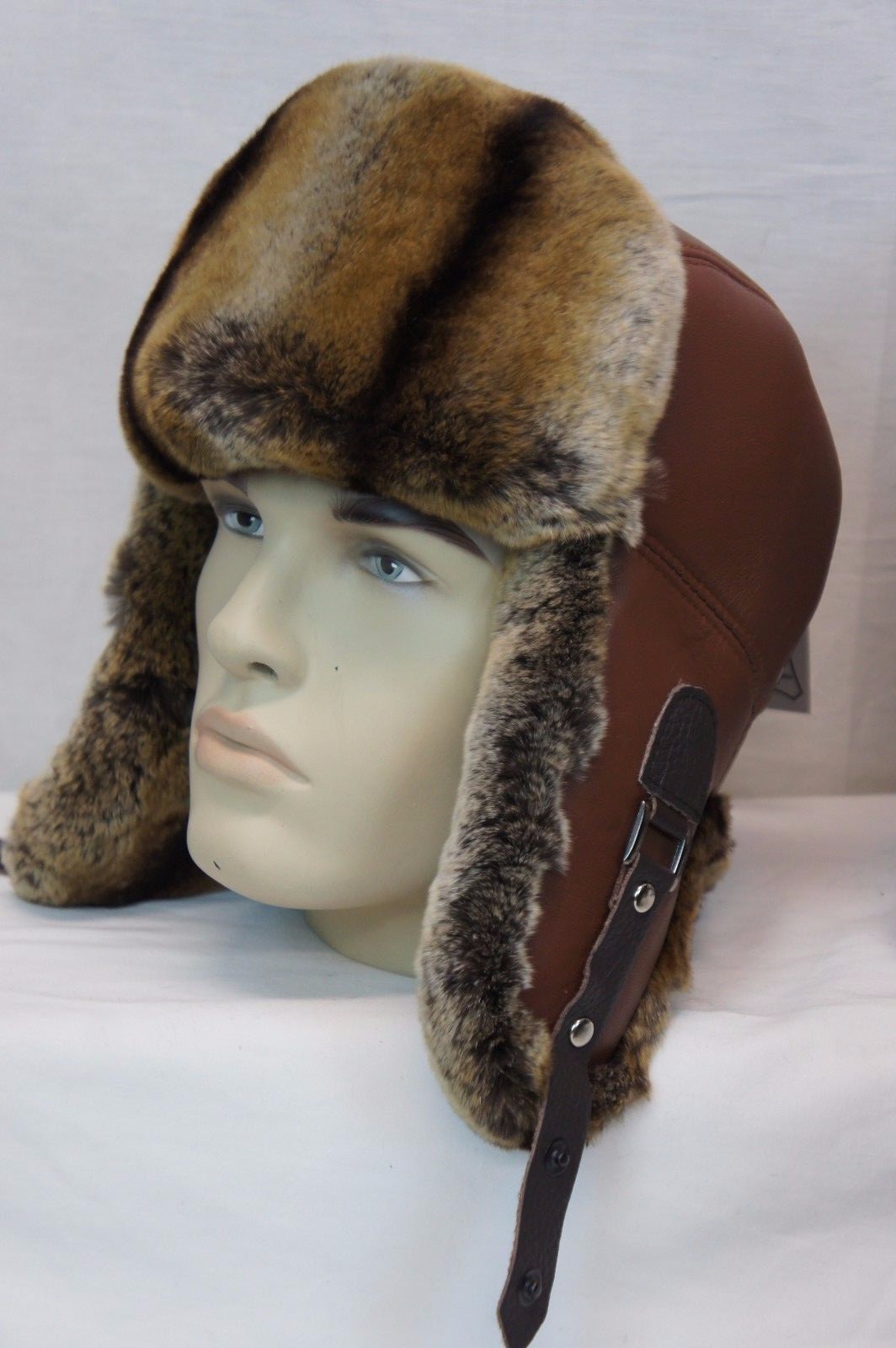 GENUINE CHINCHILLA Rex Fur REAL LEATHER Unisex Trapper Ushanka Winter Hunter Hat