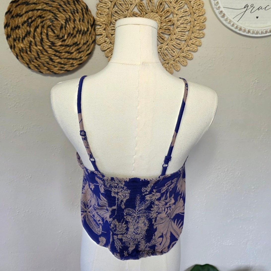 Willow + Root Peasant Tropical Cottagecore Smocked Spaghetti Strap Blue Women M