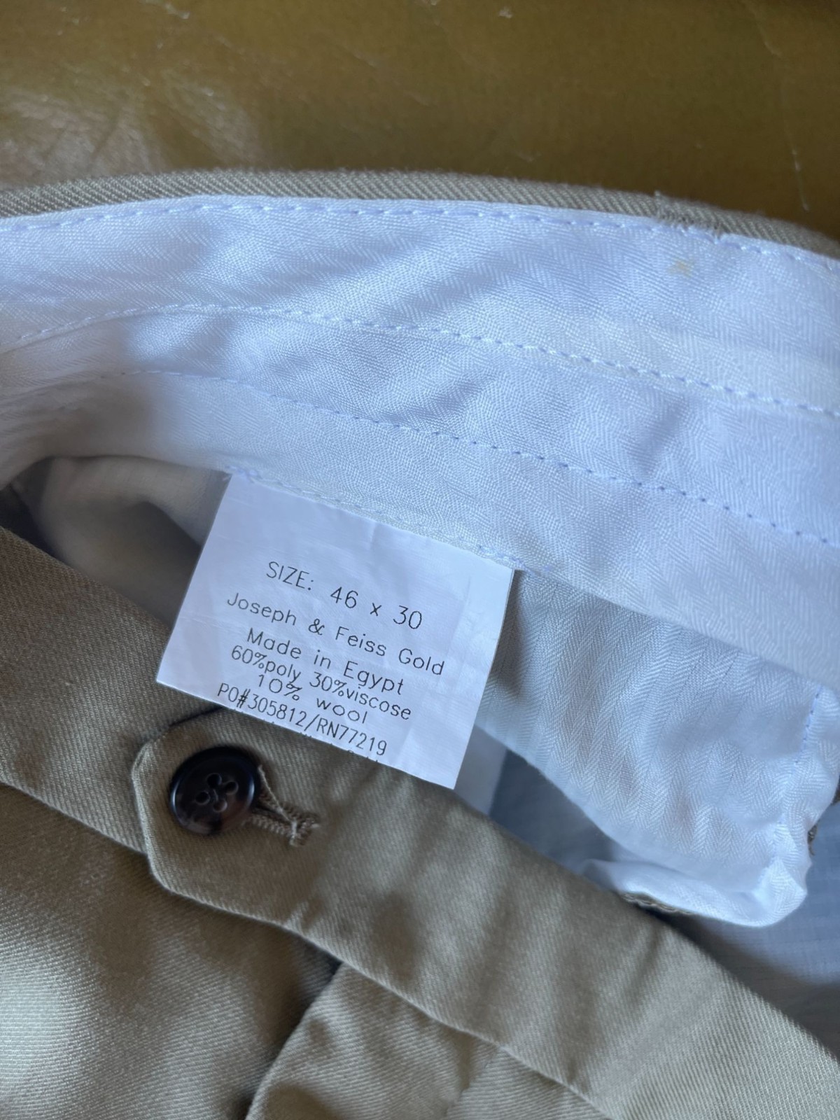 New! Joseph & Feiss Gold 46 x 30 Techno-Care Wool Blend Flat Front Khaki Pants M
