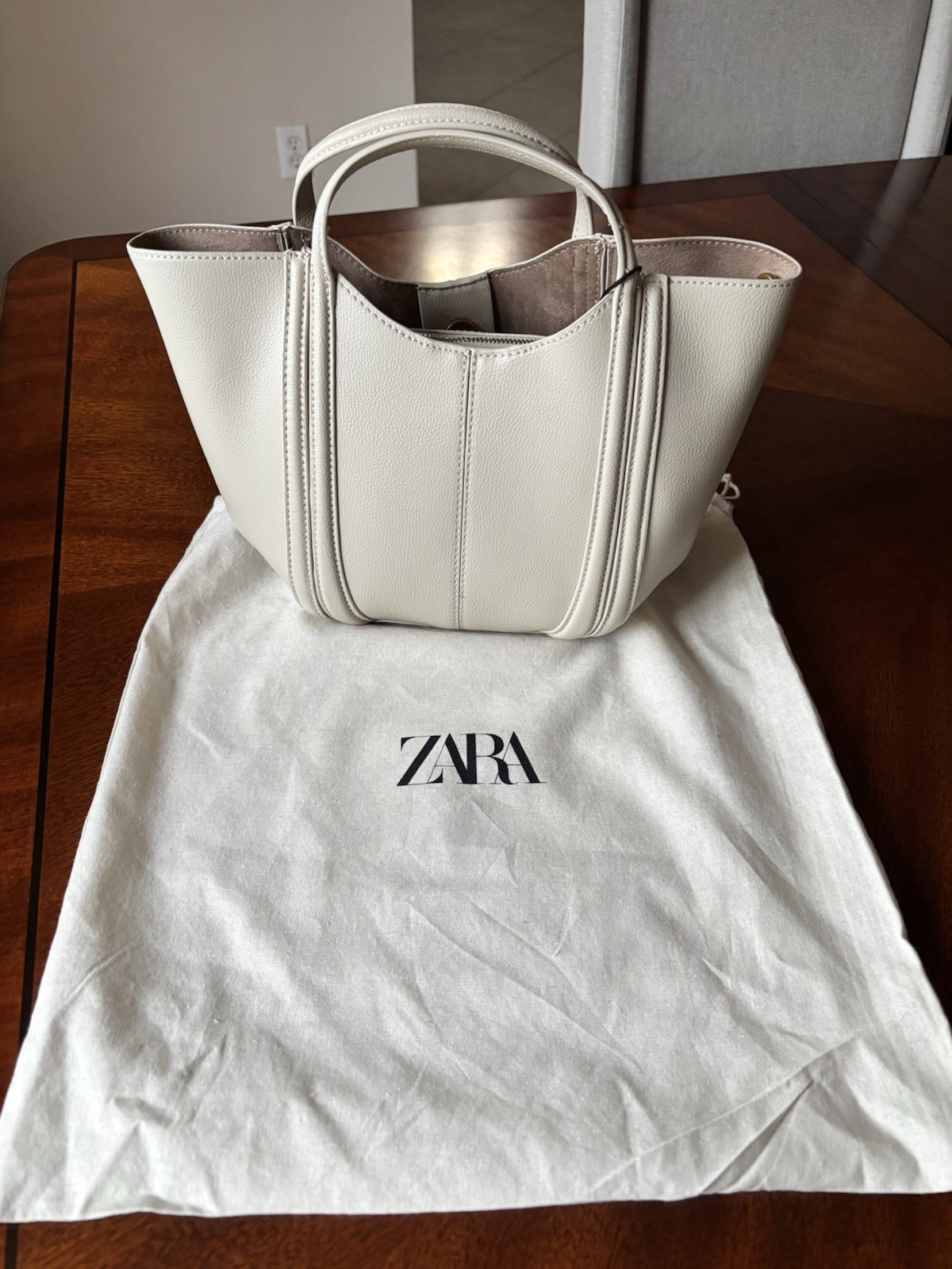 ZARA Soft Cream Curved Top Handle Tote