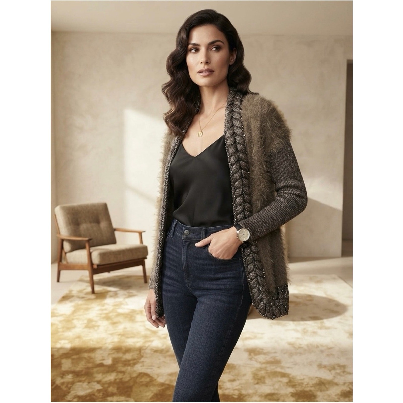 Alberto Makali NWT Taupe Shaggy Faux Fur Trimmed Cardigan Sweater Large