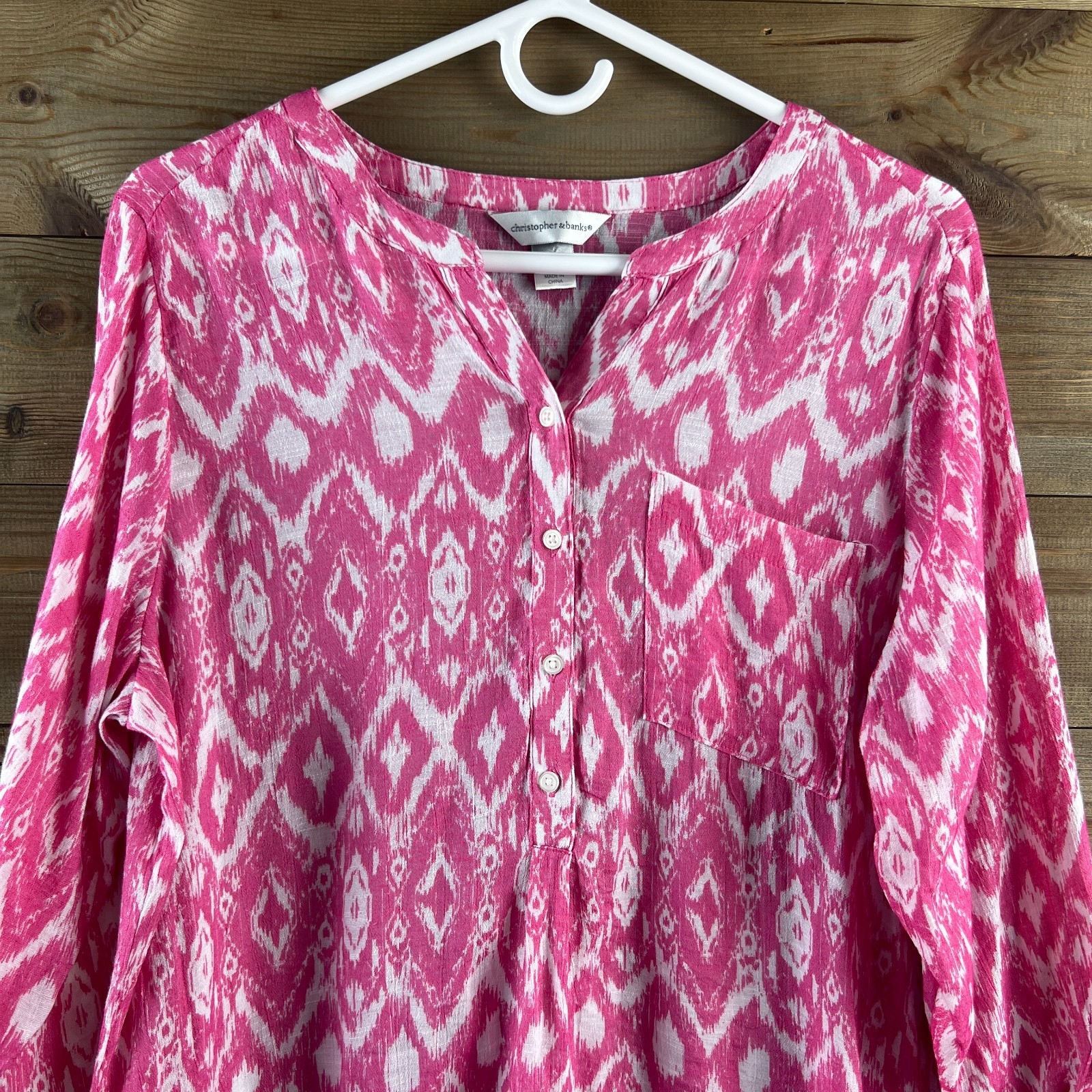 Christopher & Banks Womens Shirt 3/4 Tie Sleeves Ikat Print Henley Neck Large
