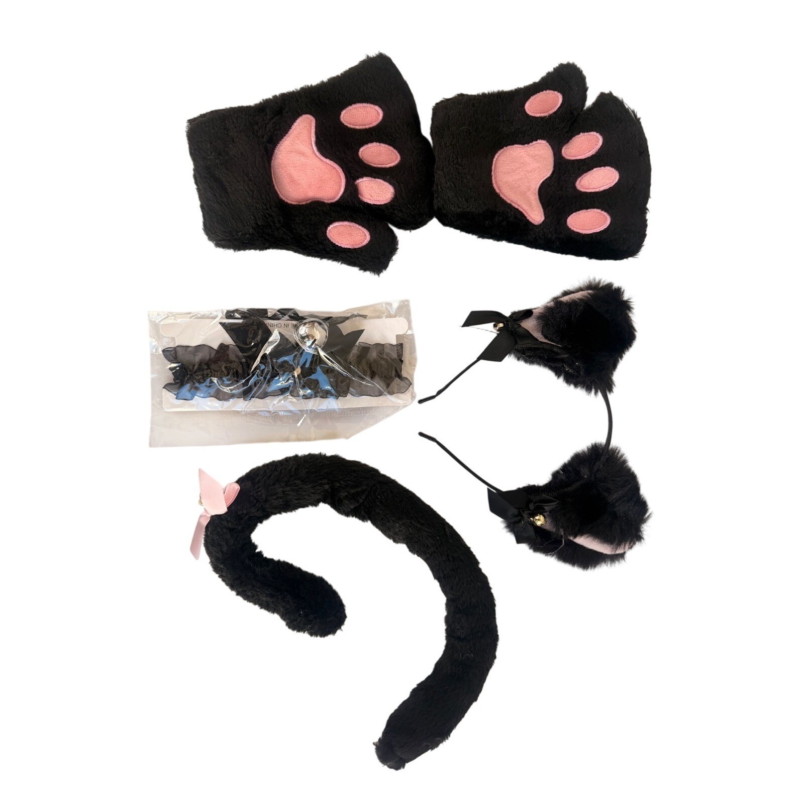 Halloween Plush Cat Animal Costume Set Ears, Paw Gloves, Choker, Headband & Tail