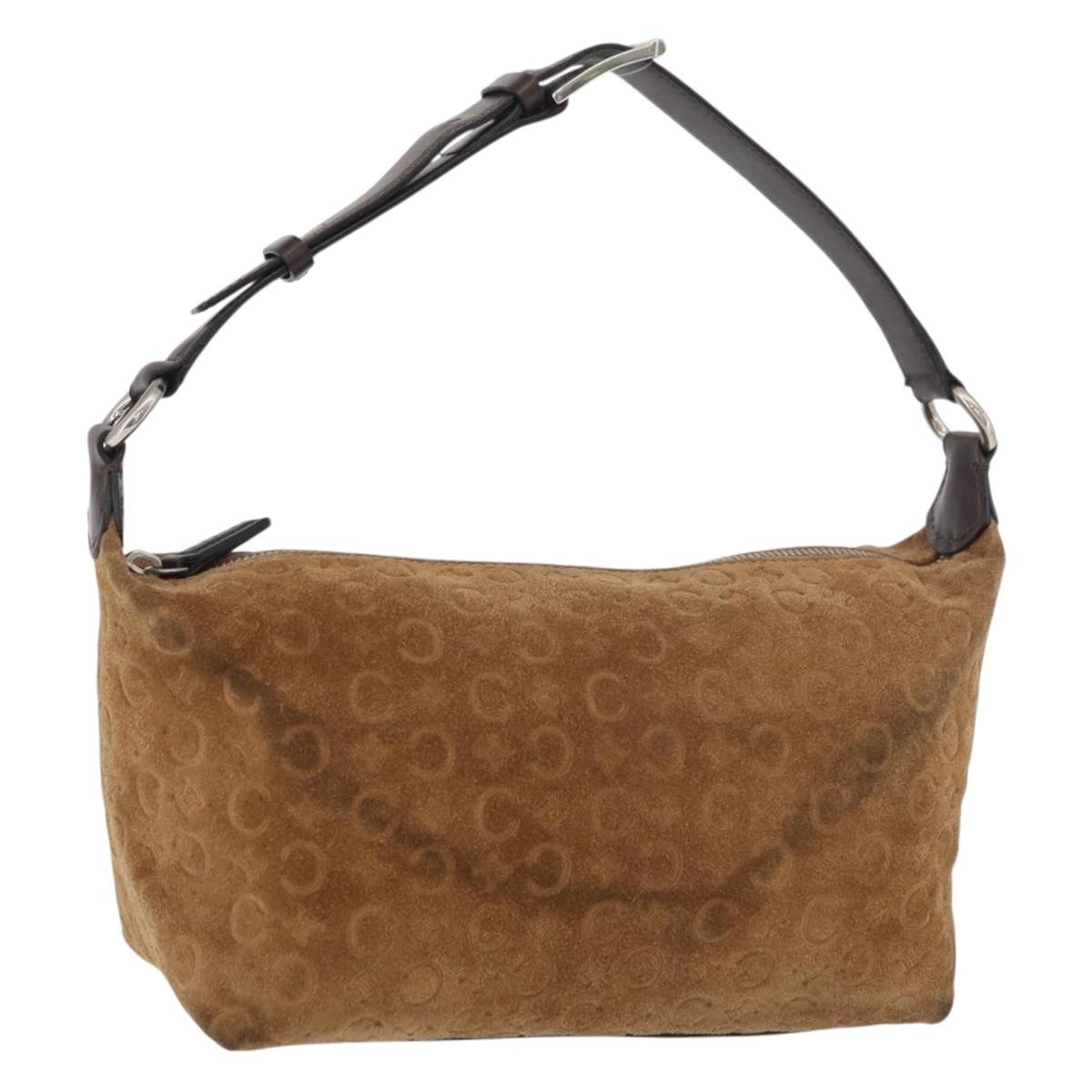 CELINE C Macadam Canvas Hand Bag Suede Brown Silver Auth 176369