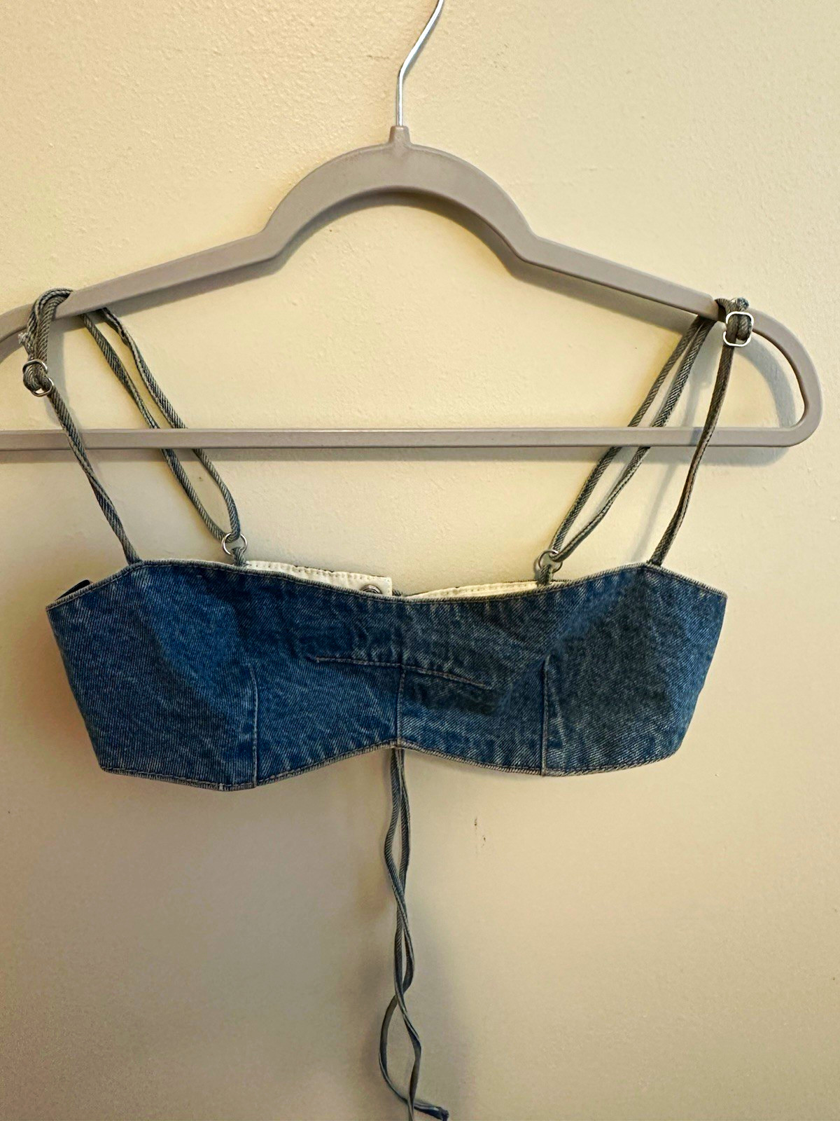 Blue Denim Lace-Up Back Corset Bustier Top, Solid, Women’s S