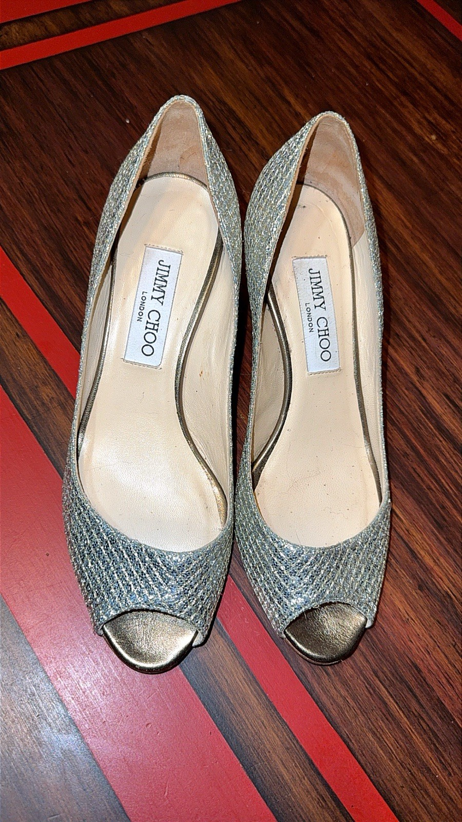 Jimmy Choo Silver Glitter Peep Toe Stiletto Pumps Women’s US 5.5