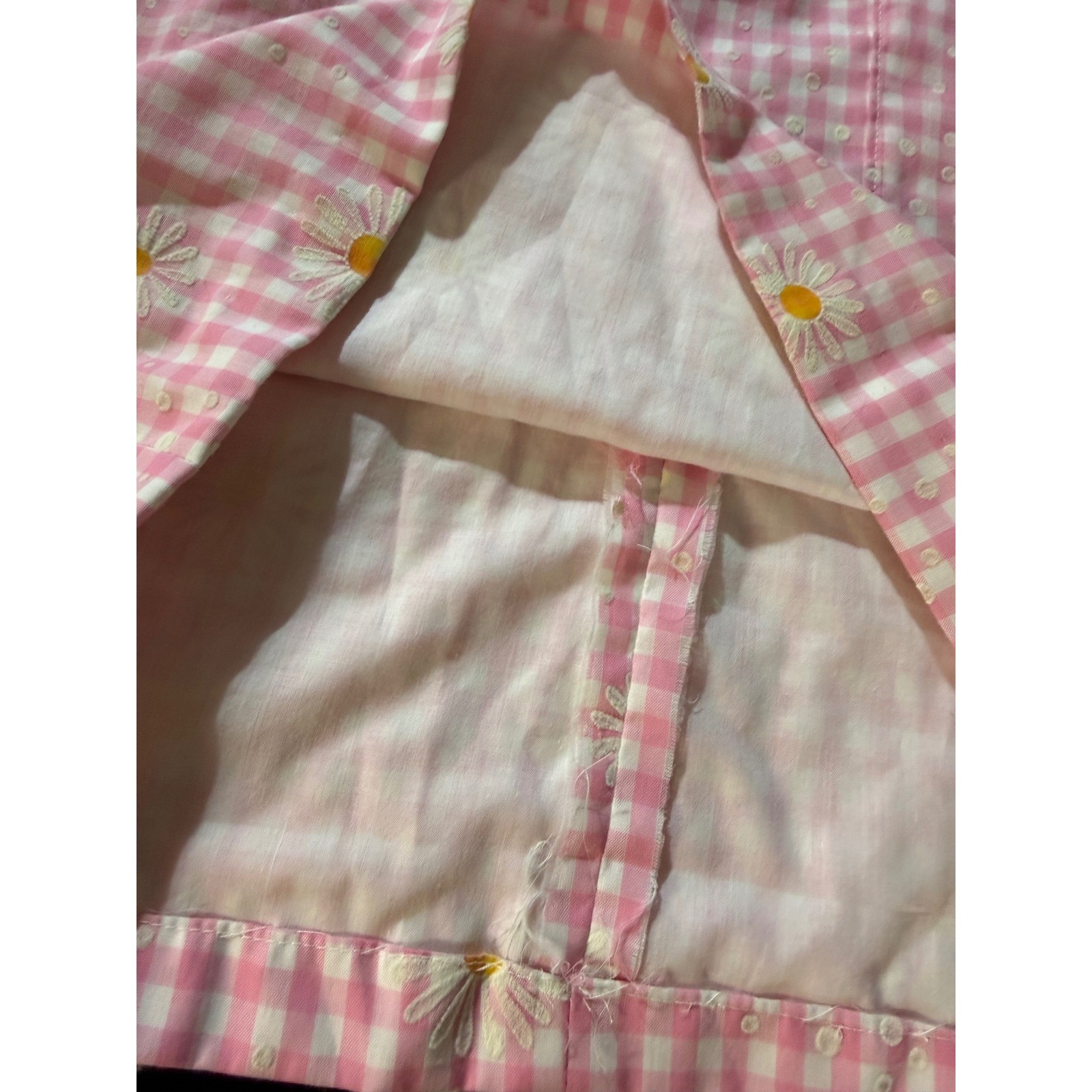 Pink Gingham Daisy Embroidered Pinafore Dress with Pockets Square Neck HOMEMADE
