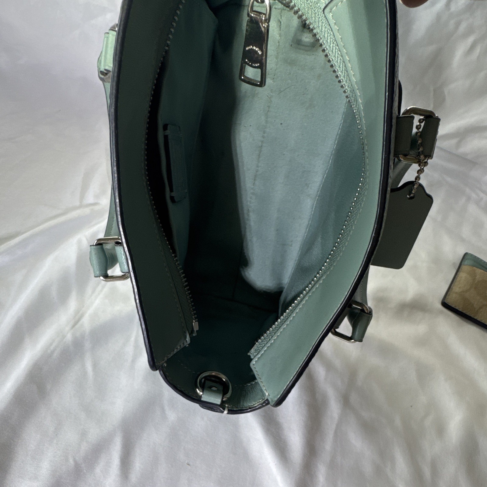 Coach Light Blue Pebbled Leather Satchel, Zip, Silver Hardware, Pockets, Studs