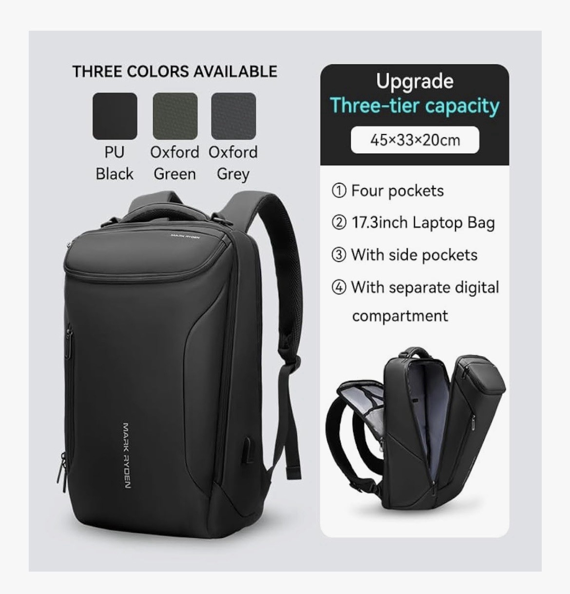 MARK RYDEN Business Backpack for Men, Waterproof, USB Port, Fits 17.3” Notebook