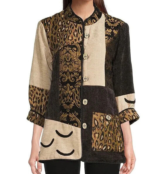 NWT Ali Miles Black/Brown/Beige MIXED TEXTURE Button Jacket L LEOPARD/Chenille