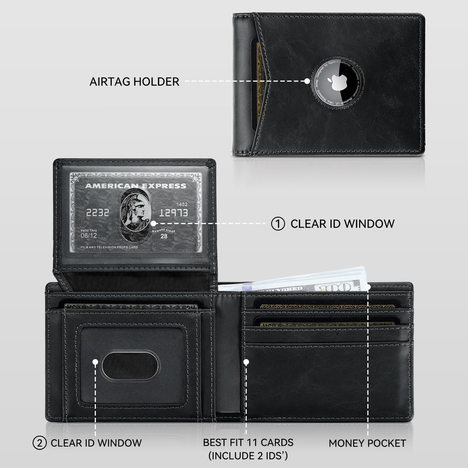 furid Slim AirTag Wallet for Men: Minimalist Full Grain Airtag Wallet, Black