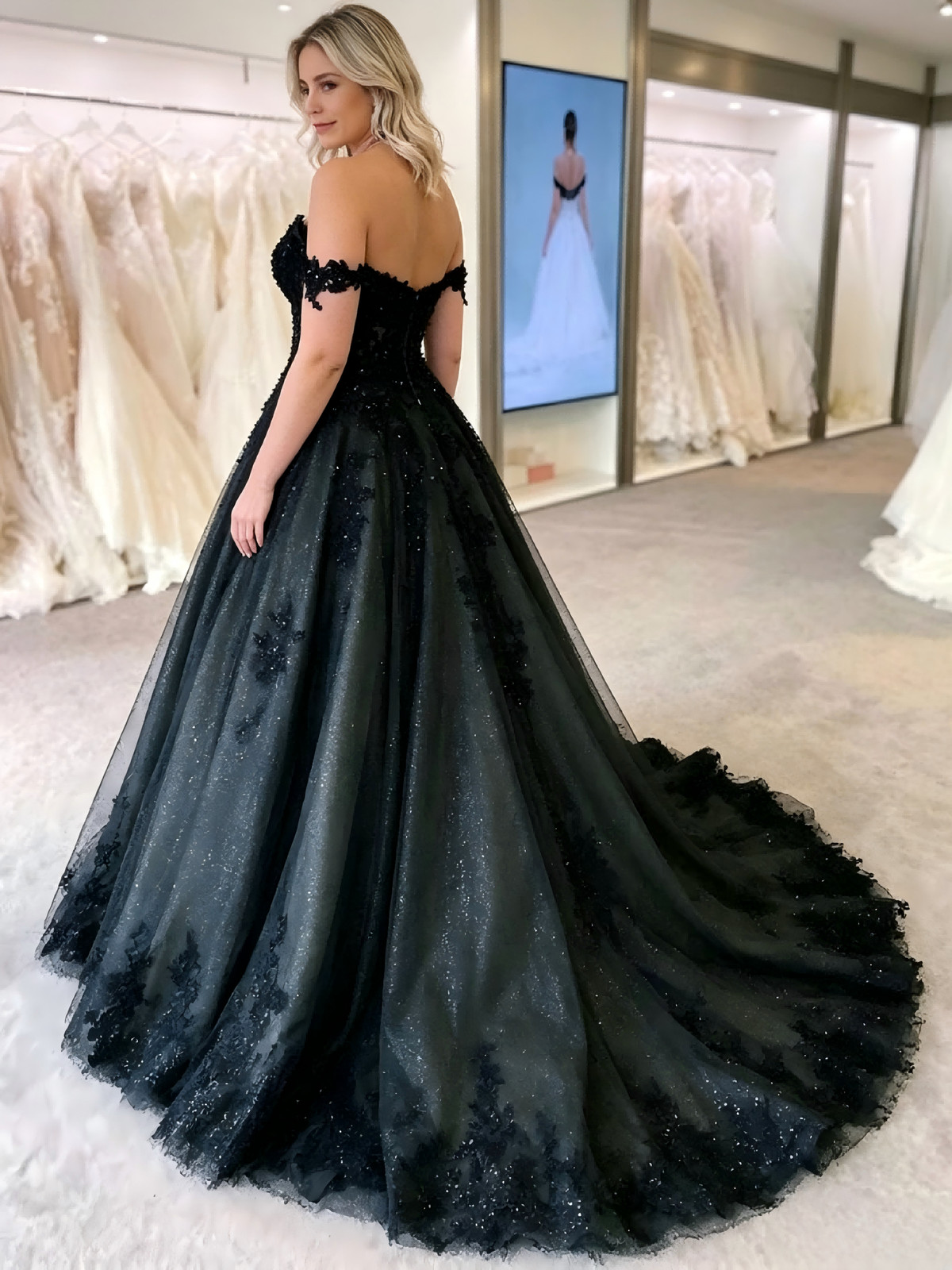 Black Off Shoulder Glitter Tulle Ball Gown Deep V Train Gothic Wedding Dresses