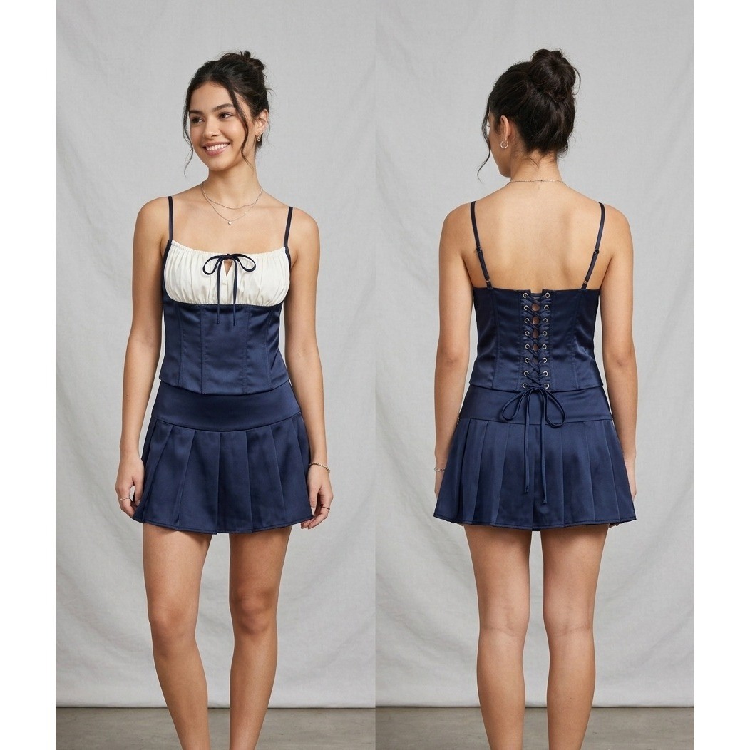 Forever 21 Navy Blue White Satin Lace Up Corset Bustier Top Size L 012990720104