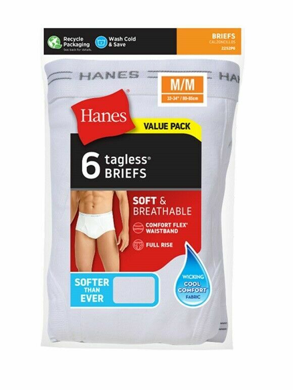 HANES MENS VALUE PACK 6 TAGLESS BRIEFS, LARGE (36-38″) WHITE *DM