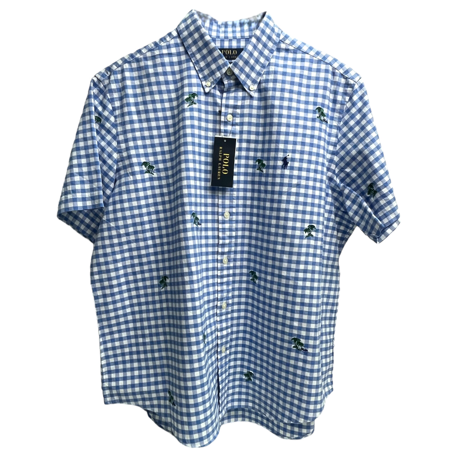 Polo Ralph Lauren Short Sleeve Shirt Blue Check Embroidered Cotton Oxford $110